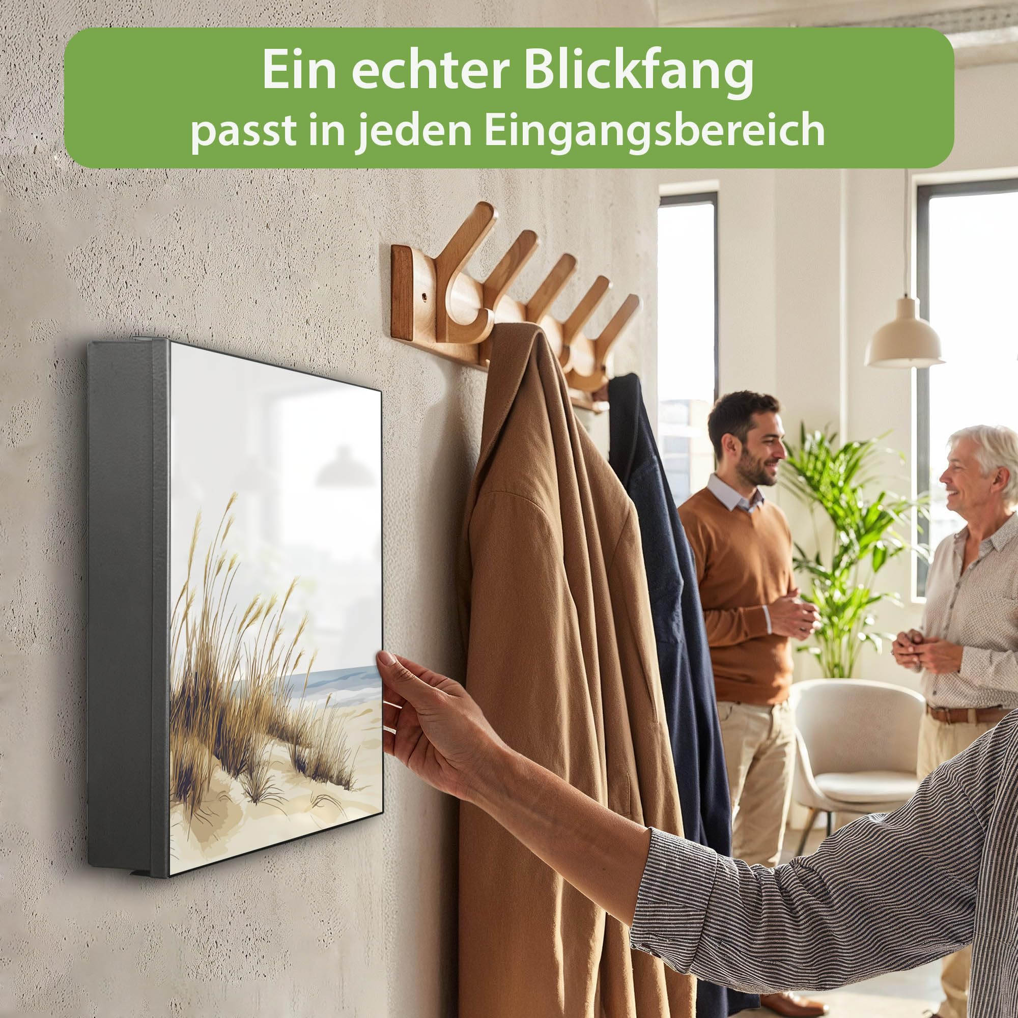 Banjado Großer Schlüsselkasten Metall 30x30cm 32 Haken Schlüsselbox modern mit magnetischer Tür Dünenlandschaft