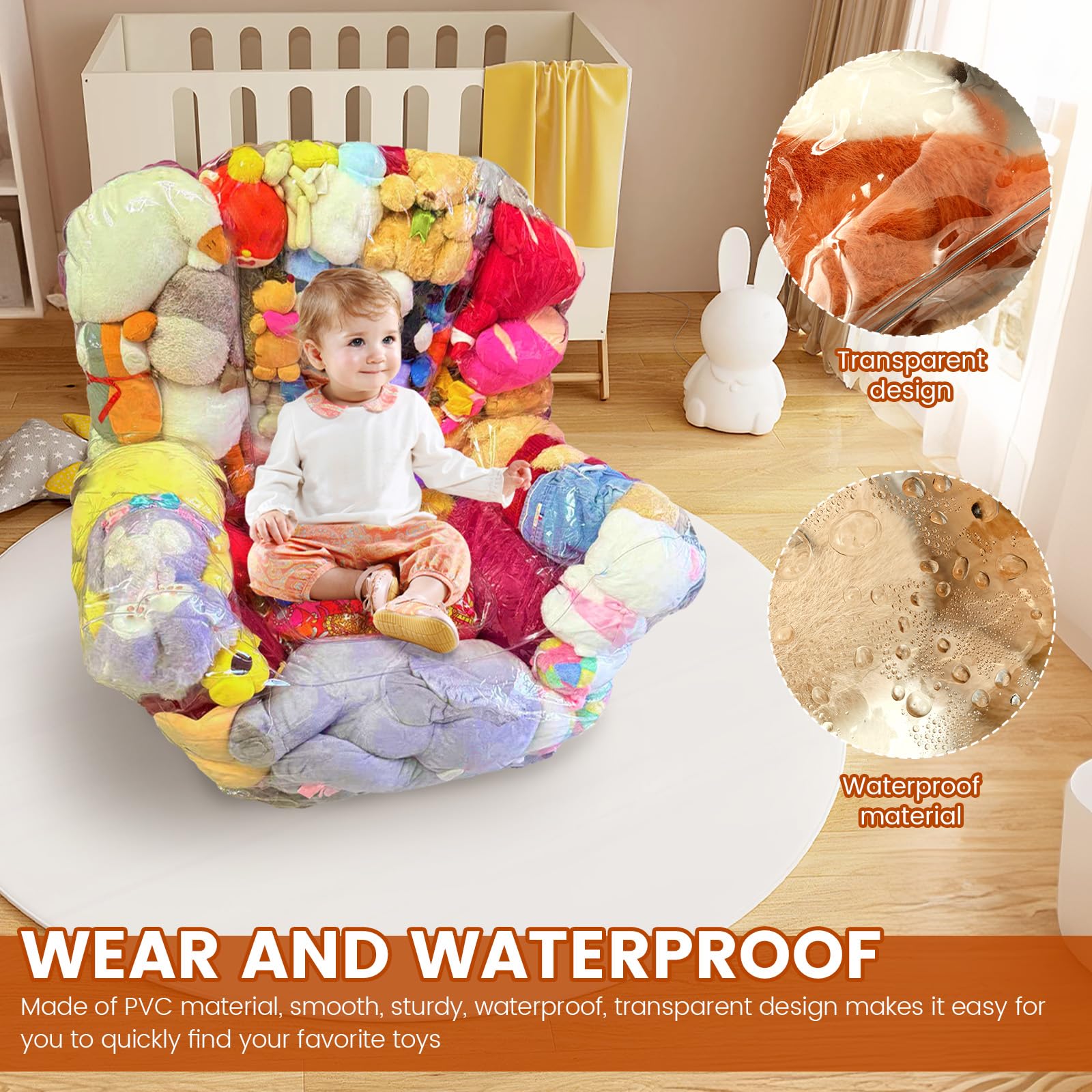 Kuscheltier Aufbewahrung 90x60x80cm Wasserdicht Transparenter Sitzsack Bezug Große Kapazität Leicht Befüllen Aufbewahrung Kuscheltiere für Puppen Handtücher Kissen Decken Kleidung