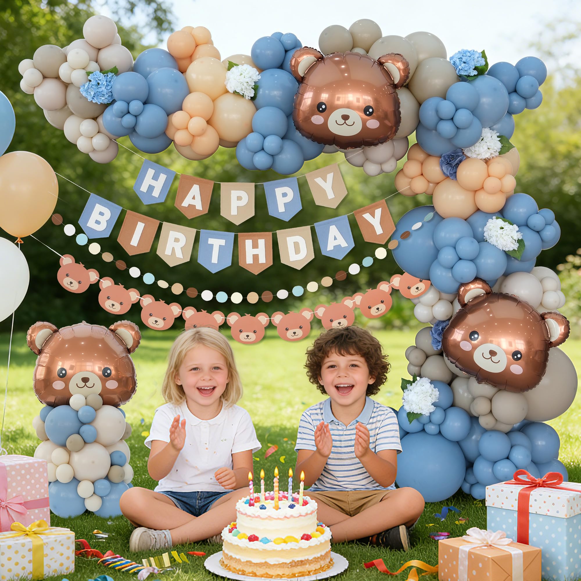 Kit de arco de globos de cumpleaños de oso para bebé, azul, caqui y marrón, decoración temática de oso