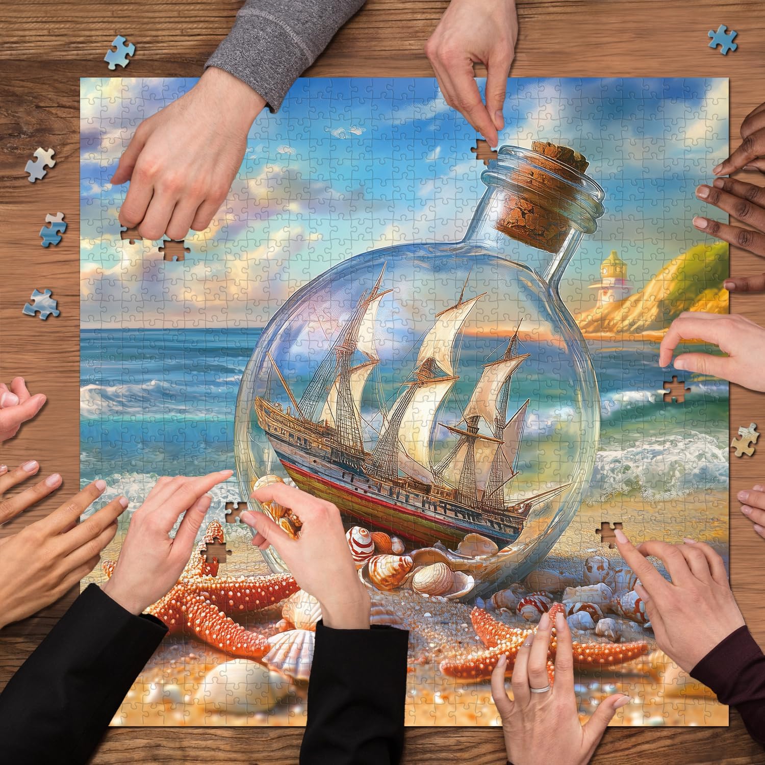 Beach Puzzles for Adults 1000 Pieces, Seashells Jar Sailboat Art Jigsaw Puzzles, Summer Ocean Starfish Puzzle as Home Wall Art