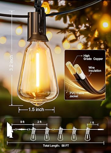 Miniatura 3 de Brightown Tira de luces solares para exteriores impermeables de 58 pies con 25 bombillas LED ST38 inastillables, 2700 K con control remoto, tira de