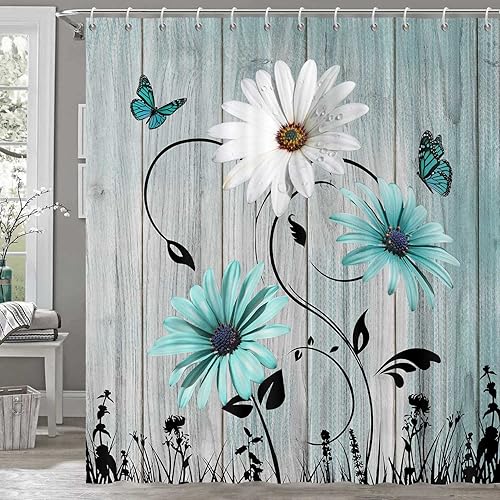 Cortina de ducha rústica con diseño floral, diseño de margaritas color verde azulado de granja, mariposa, tablero de madera antigua, cortinas de
