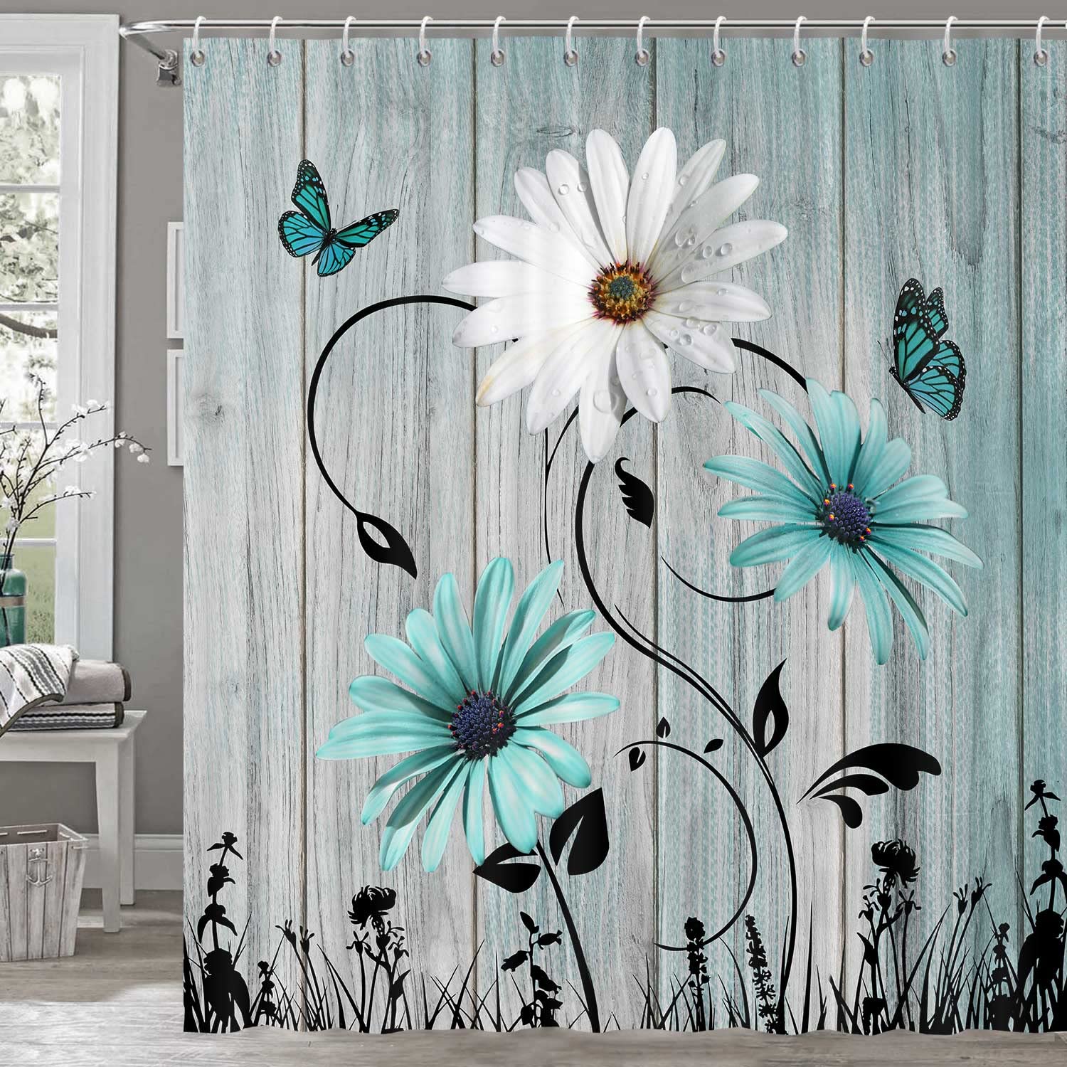 Bzhilja Rustic Farmhouse Floral Shower Curtain, Farm Teal Daisy Flowers Butterfly Old Wooden Board Country Bath Curtains, Turquoise Blue Fabric
