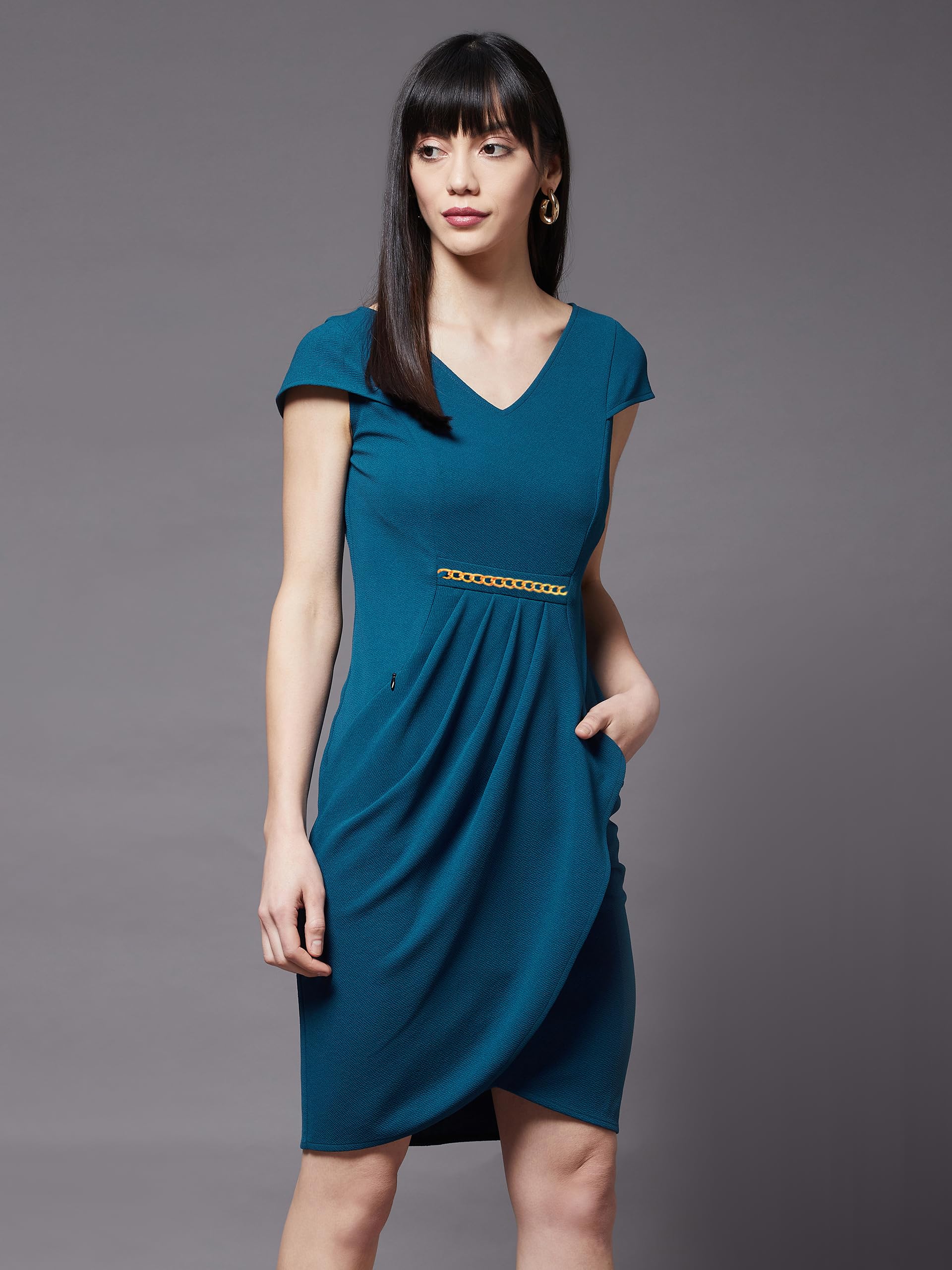 Miss Chase Women's Teal V-Neck Cap Sleeve Solid Wrapped Polyester Knee-Long Dress (Mcss22D16-20-83-02, Teal, Xs)