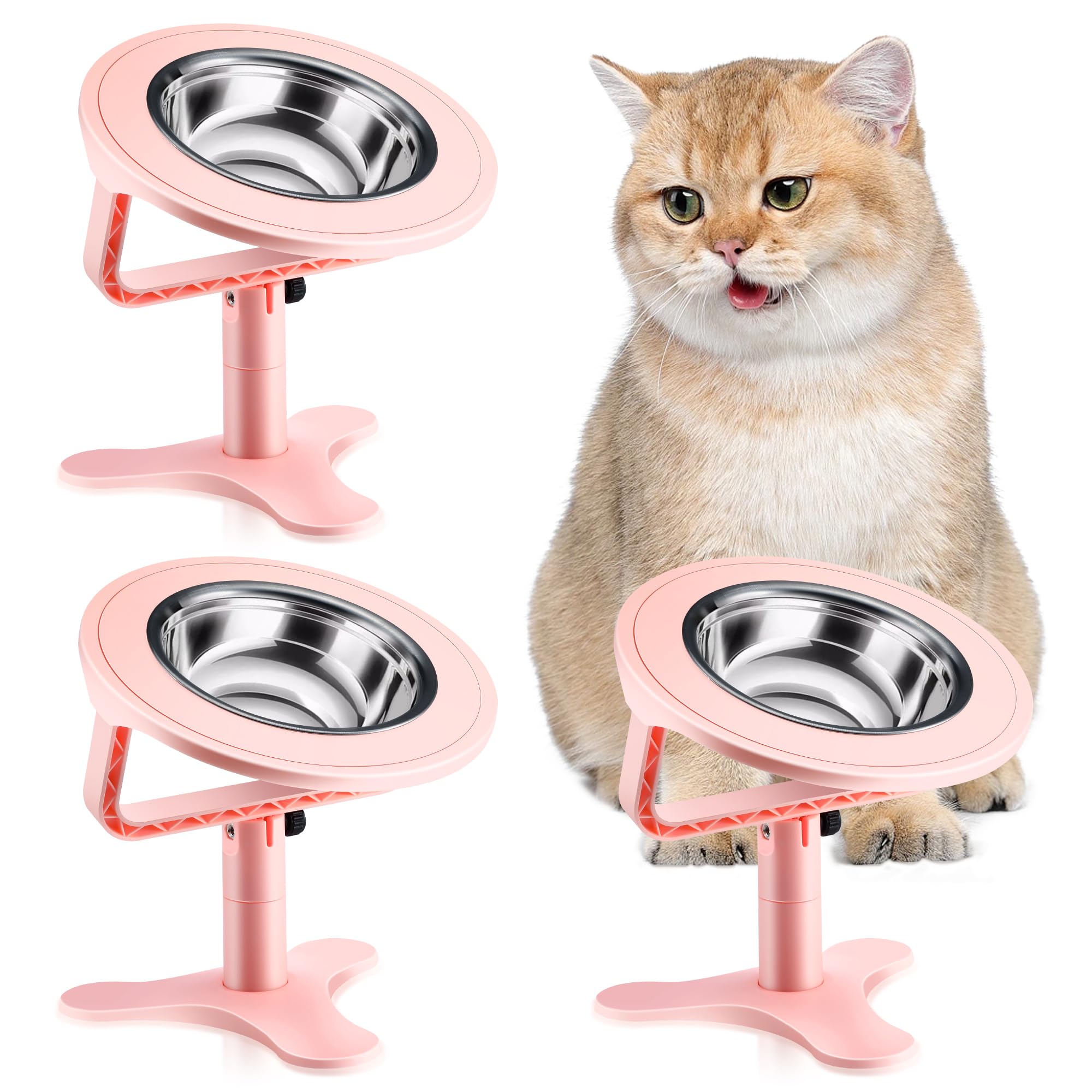 Raised Cat Bowls,Elevated Cat Bowls for Indoor Cats with Height-Adjustable Stand,Non-Slip Stainless Steel Bowl,15° Tilted Kitten Food Bowl (3-Pack, Pink)