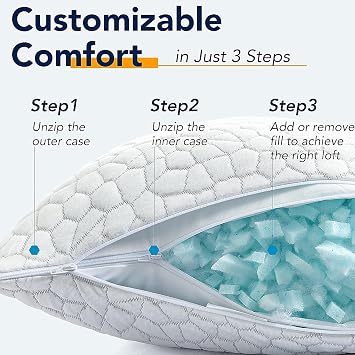 BETU Pillows 2 Pack – Adjustable Shredded Memory Foam Cooling Bed Pillows for Neck & Shoulder Support – Orthopaedic Pillows for Side, Back & Stomach Sleepers with Removable Breathable Cover
