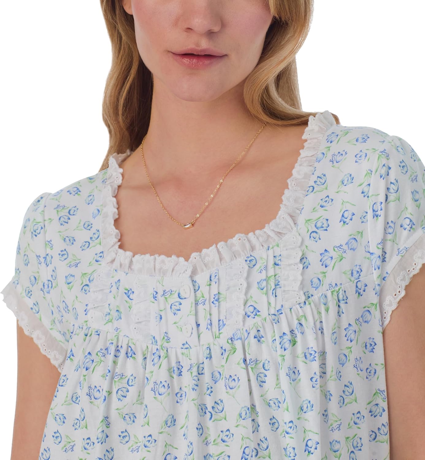 Lanz of Salzburg Women's 100% Cotton Knit Short Sleeve Nightgown, Lace Trim, Pintuck Neckline, 36” Length - Image 2