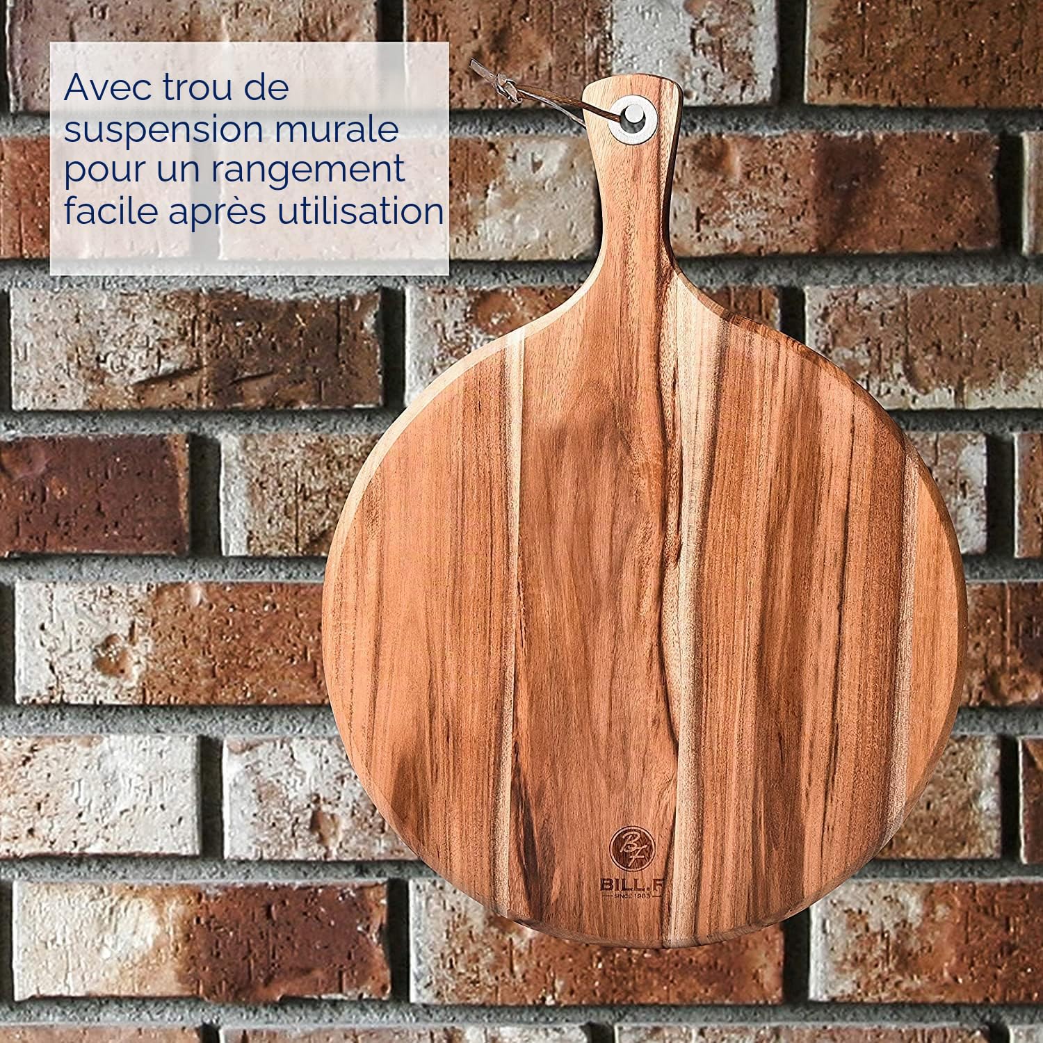 BF BILL.F SINCE 1983 Pelle à pizza en bois d'acacia, planche à découper, plateau de service, pelle à pizza ronde, plateau de transfert pour déplacer pizza, biscuits, gâteaux, pain, 48 x 36,5 x 1,2 cm