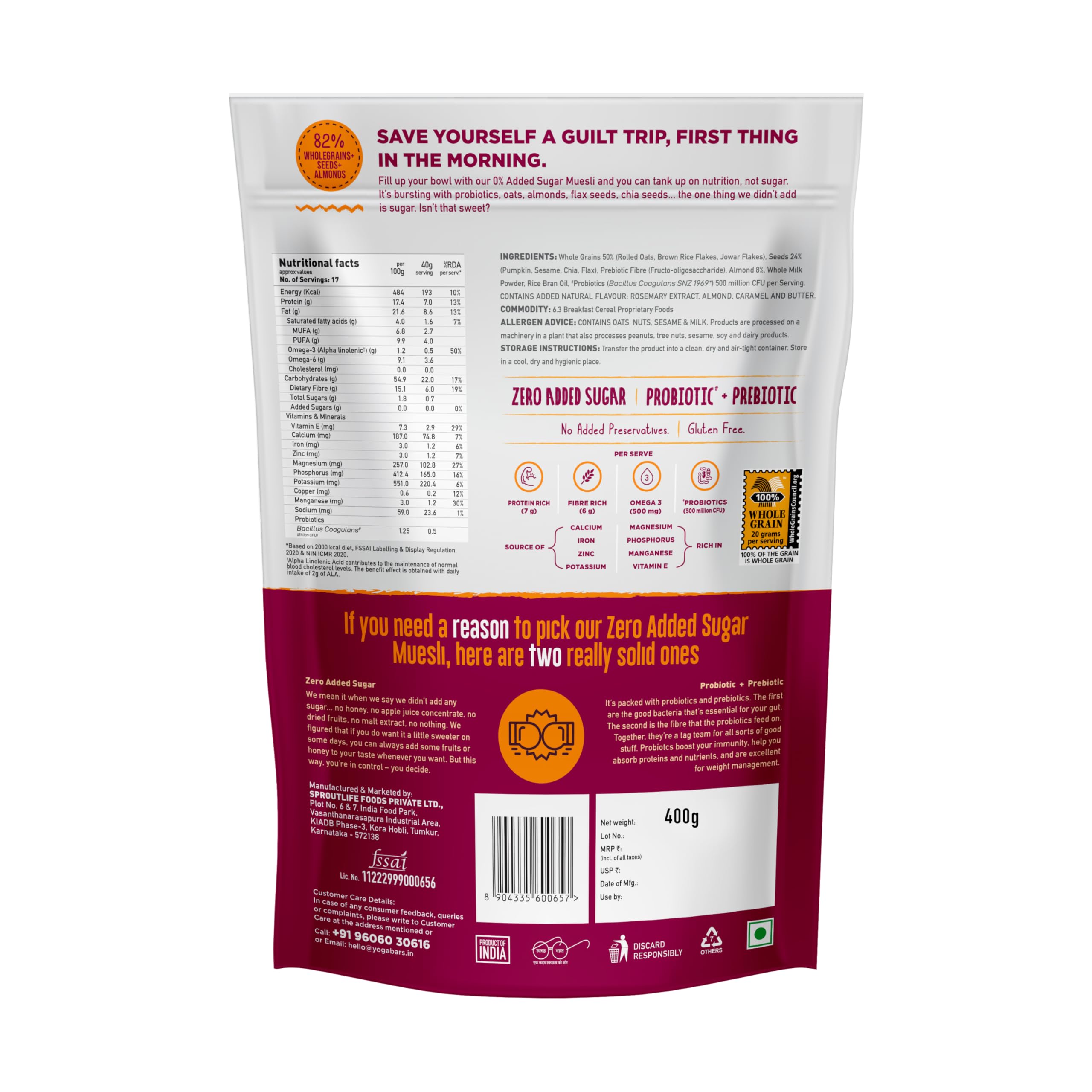 Yogabar Super Muesli, No Added or Hidden Sugar, Breakfast Muesli with Probiotics & Prebiotics, 82% Whole Grains+ Seeds+ Almonds, 400gm Each