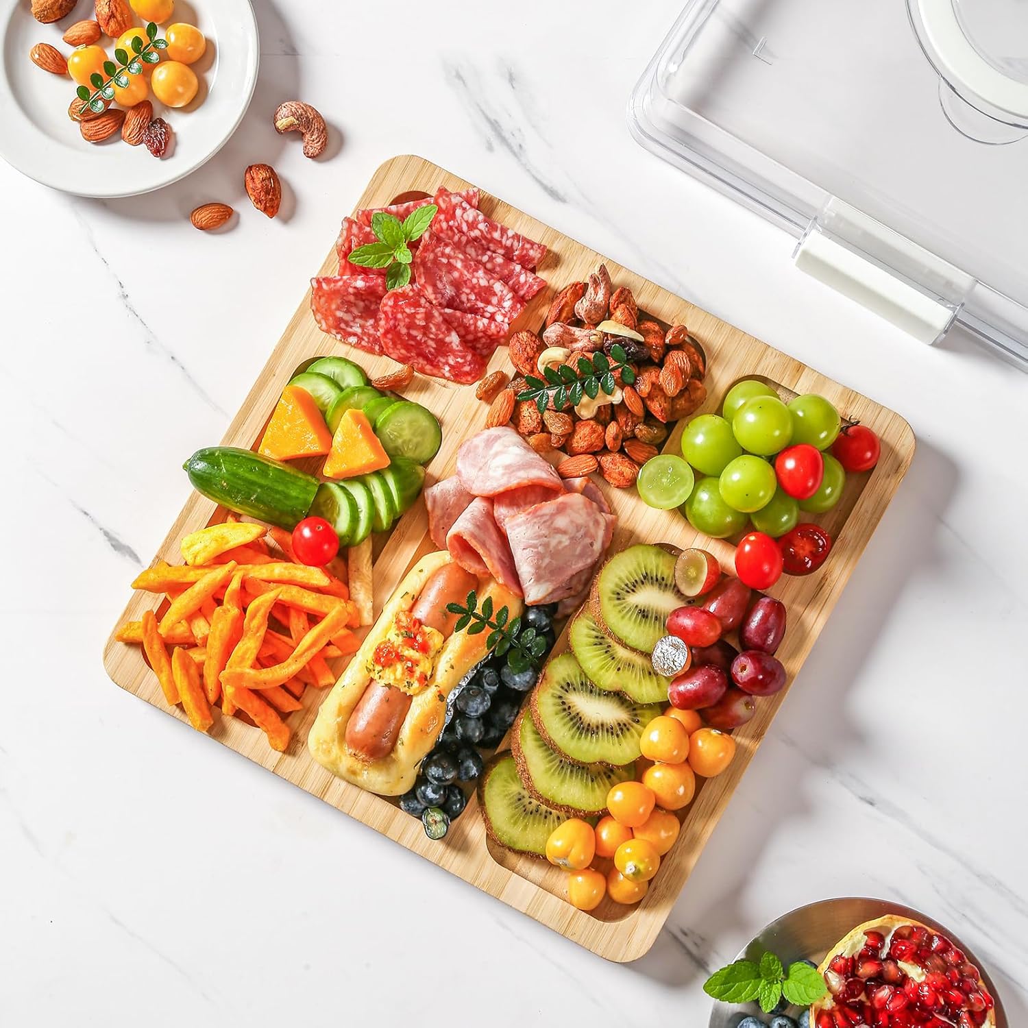 Charcuterie Board with Clear Locking Lid and Handle, 6 Compartment Bamboo Cheese Board Snackle Box, Portable Cutting Board for Snacks, Fruits&Meats, Ideal Gift for Parties, Birthday& House Warming - Image 5