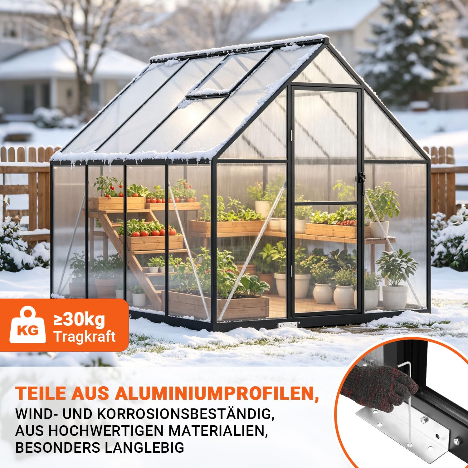 Gewächshaus Aluminium Fundament, 123 x 180 x 195 cm,4mm Polycarbonat-Hohlkammerplatten,Tomatengewächshaus Winterfest Belüftung Garten