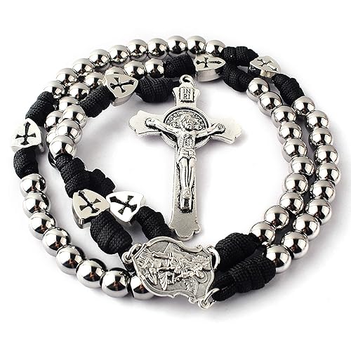 HanlinCC Large and Heavy Stainless Steel Beads Rugged Durable Paracord Rosary Necklace for Men with St.Michael Center Piece and St.Benedict Crucifix