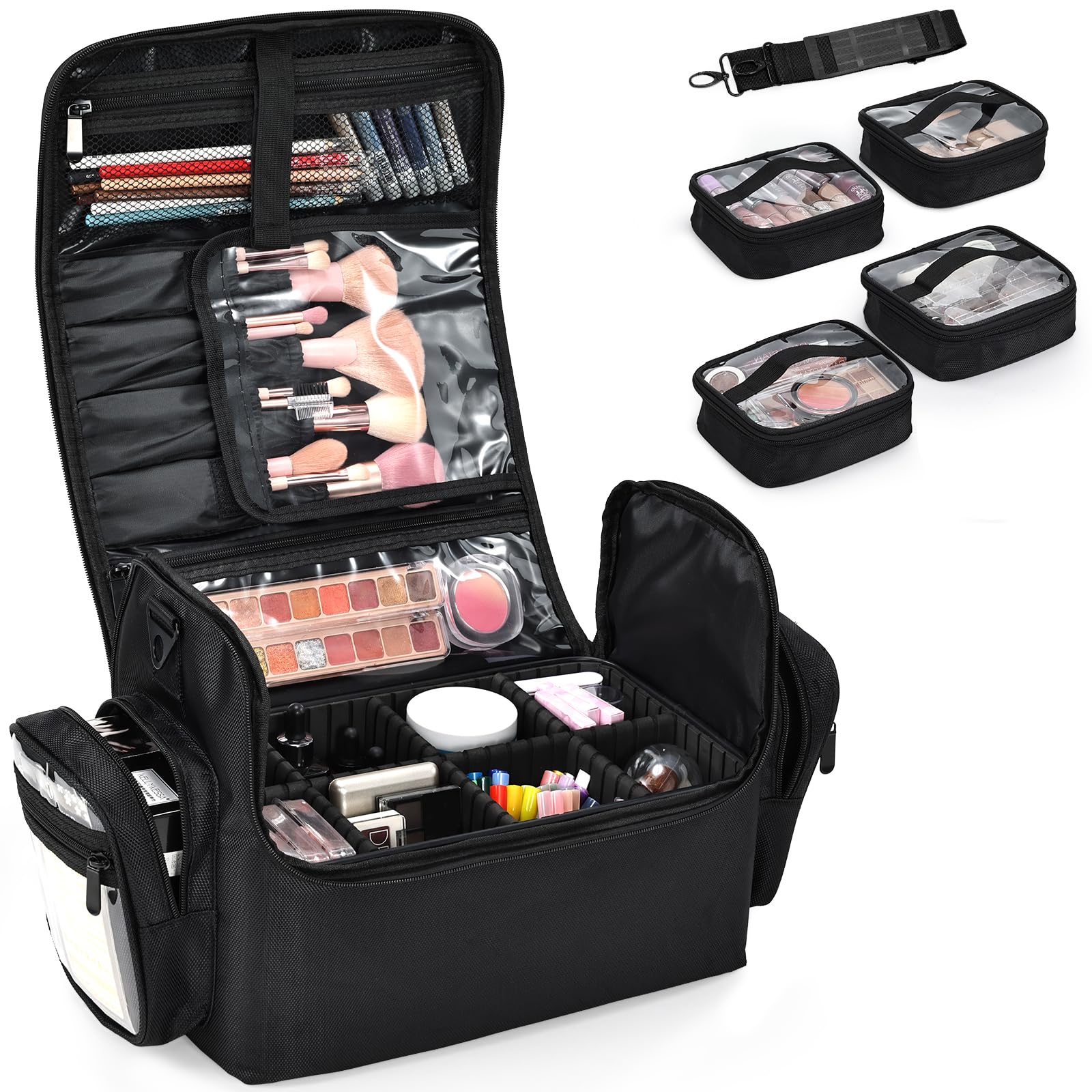 Beauty case grande per trucchi, nail art, cosmetici, gioielli, con cinghia per il trasporto, in tessuto di nylon, 29 x 21 x 25 cm, nero e trasparente