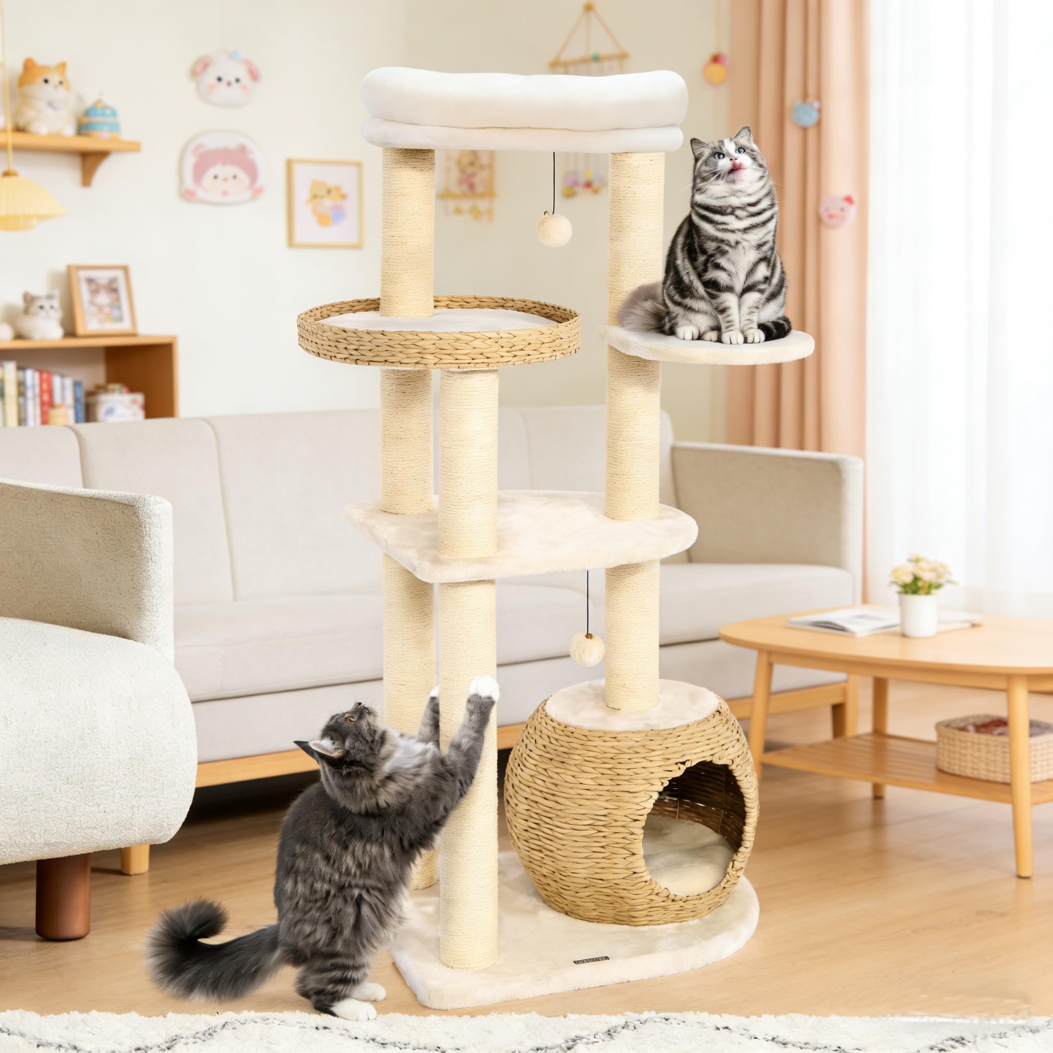 NUNU Modern Cat Tree, Modern Cat Trees Tower, Wooden Cat Tree for Large Cats, 53" Cat Tower for Indoor Cats, Hand-Woven Condo & Top Perch, for Kittens