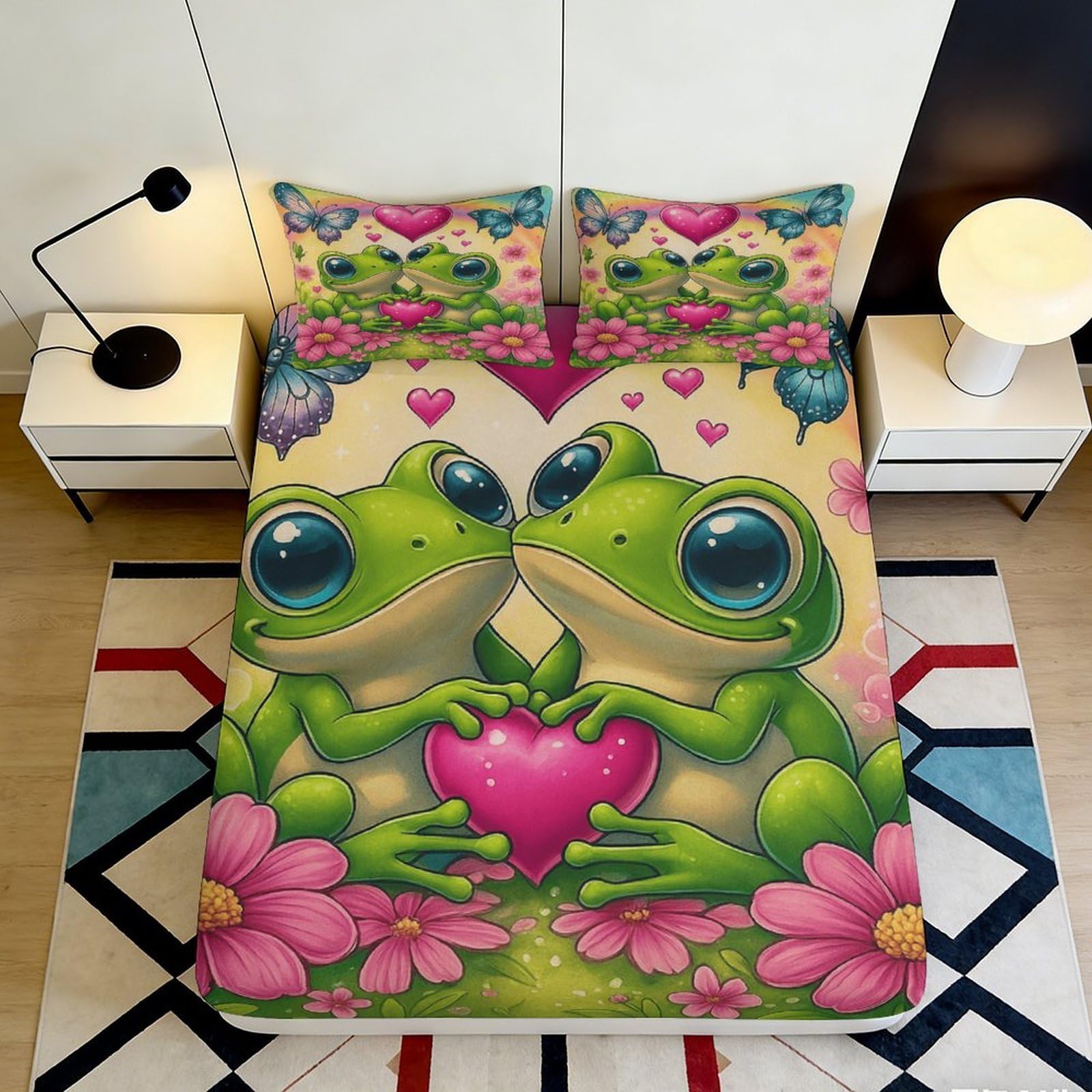 Jqzkxnhpbr Style-10 3D Printed Cute Frog Fitted Sheet Microfiber Soft Cartoon Heart Bed Cover For Bedroom Dorm Guest Room Mattress Decor 90X200x25cm