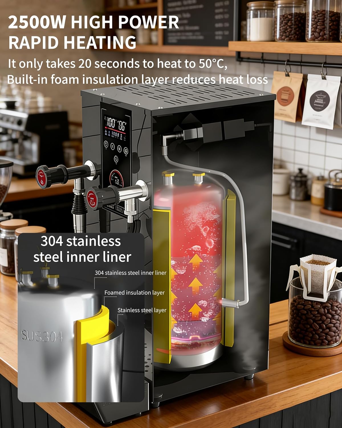 Commercial Milk Frother & Beverage Heater - 2500W Multi-Functional Milk Steamer Machine with LED Display Panel, for Latte, Cappuccino, Coffee, Milk Tea Foam, Hot Water Dispenser