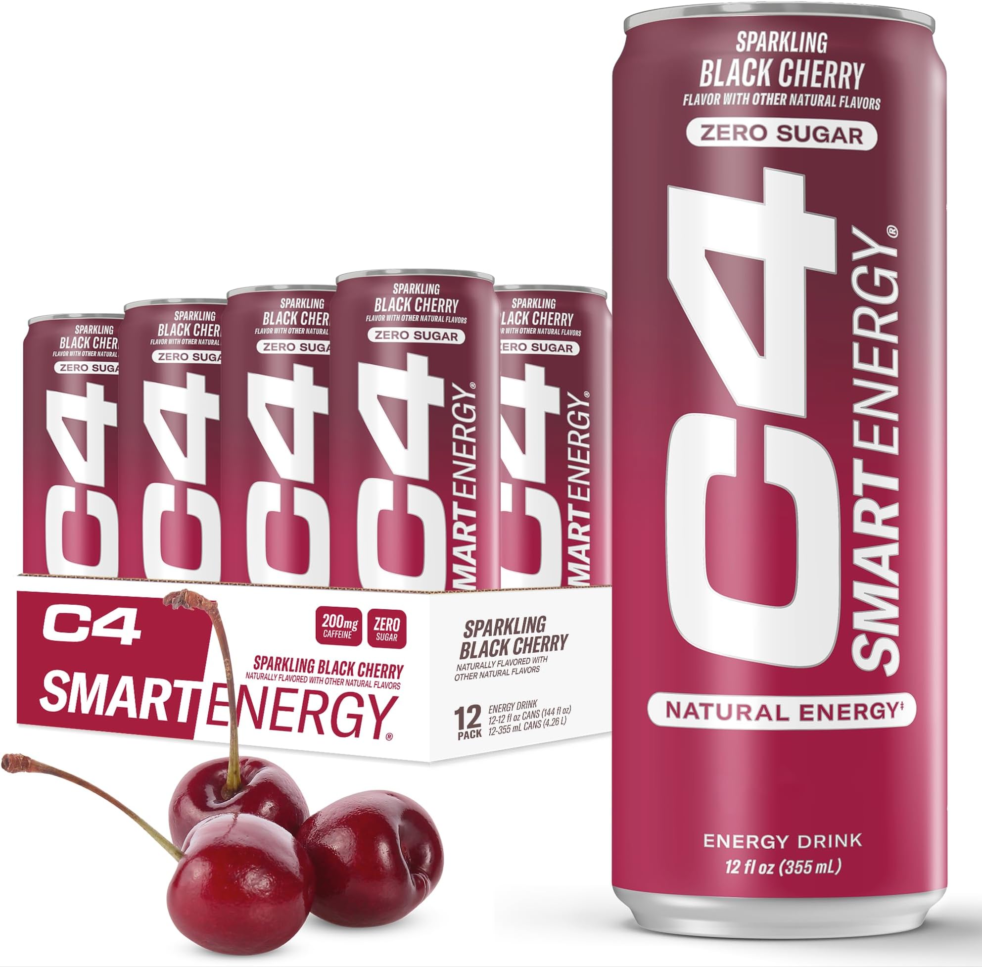 Cellucor C4 Smart Energy Drink – Boost Focus and Energy with Zero Sugar, Natural Energy, and Nootropics - 200mg Caffeine - Black Cherry - 12 FL OZ (355 ml) - Pack of 12