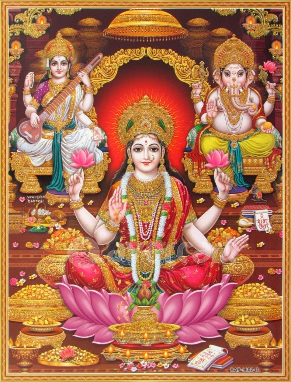 by zolto posters,Shri LakshmiLaxmijiGoddess of Wealth with GaneshaGanpati and SaraswatiGanesh-Laxmi-Saraswathi Poster 12x18