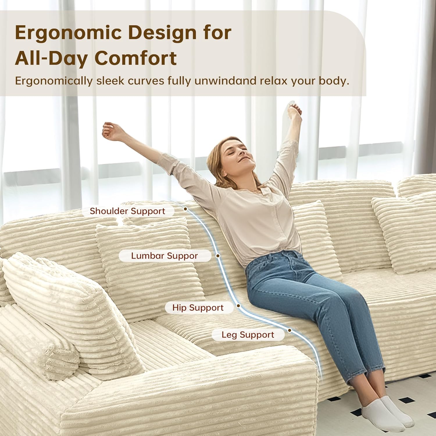 KEIKI 135" Cloud Sectional Sofa with Chaise Lounge,Modern Modular U-Shaped 6-Seater Deep Seat Compressed Couch for Living Room