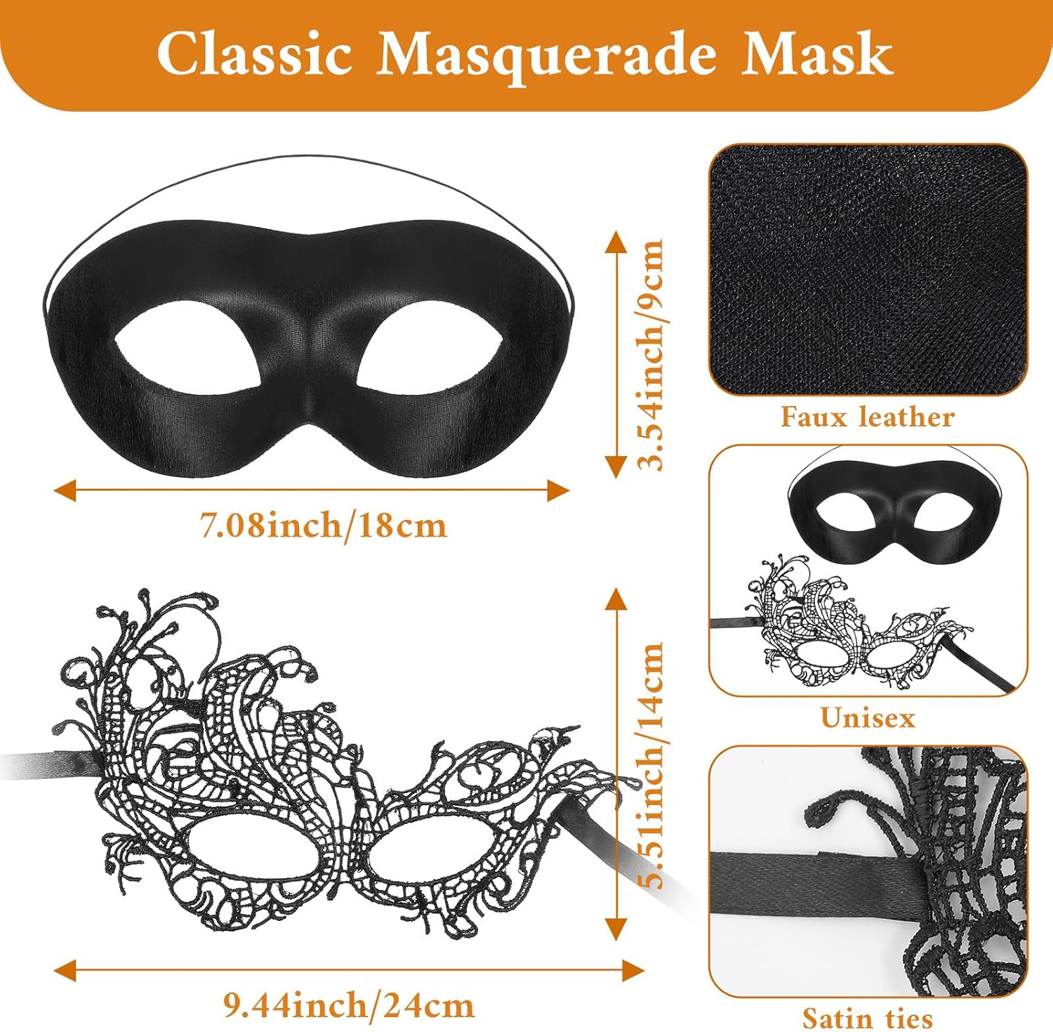 2PCS Masquerade Masks for Women Couples Masquerade Lace Mask Set Venetian Halloween Masks for Women and Men Plastic Mardi Gras Black Lace Mask for Carnival Party Prom Ball Costume Prop - Image 2