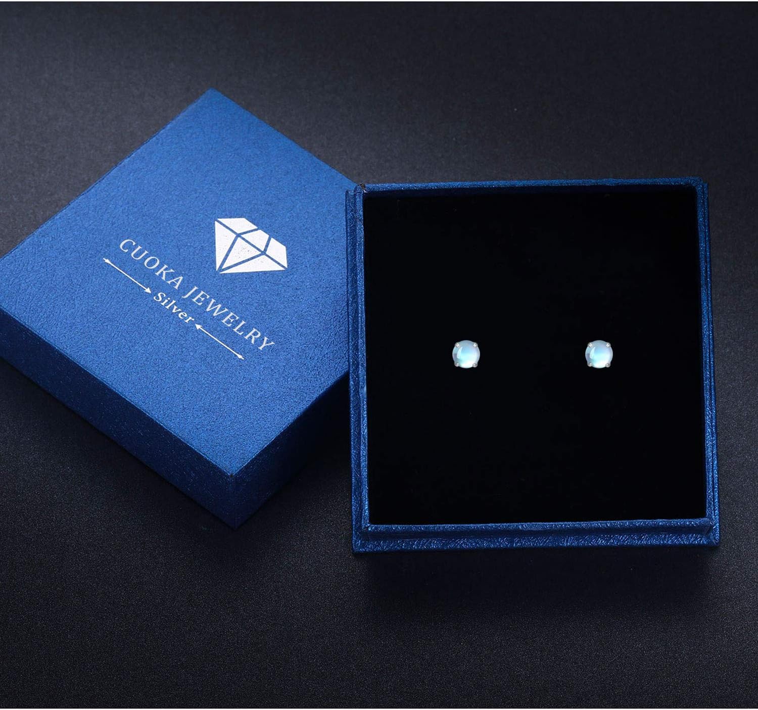 925 Sterling Silver Moonstone Stud Earrings - Synthetic Round Hypoallergenic Jewelry for Women With Sensitive Ears