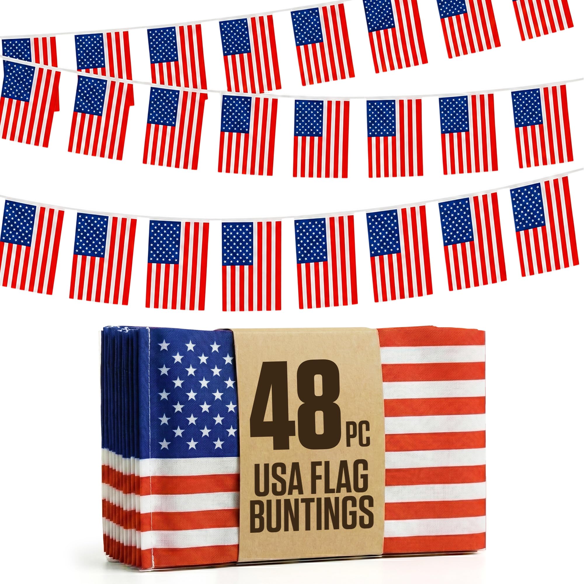 USA Flag Bunting 48pc American Flags 14x21cm String — 49FT Polyester Rope with Double-Sided print for Soccer 2026, 4th of July, Patriotic Events & Game Day Decorations