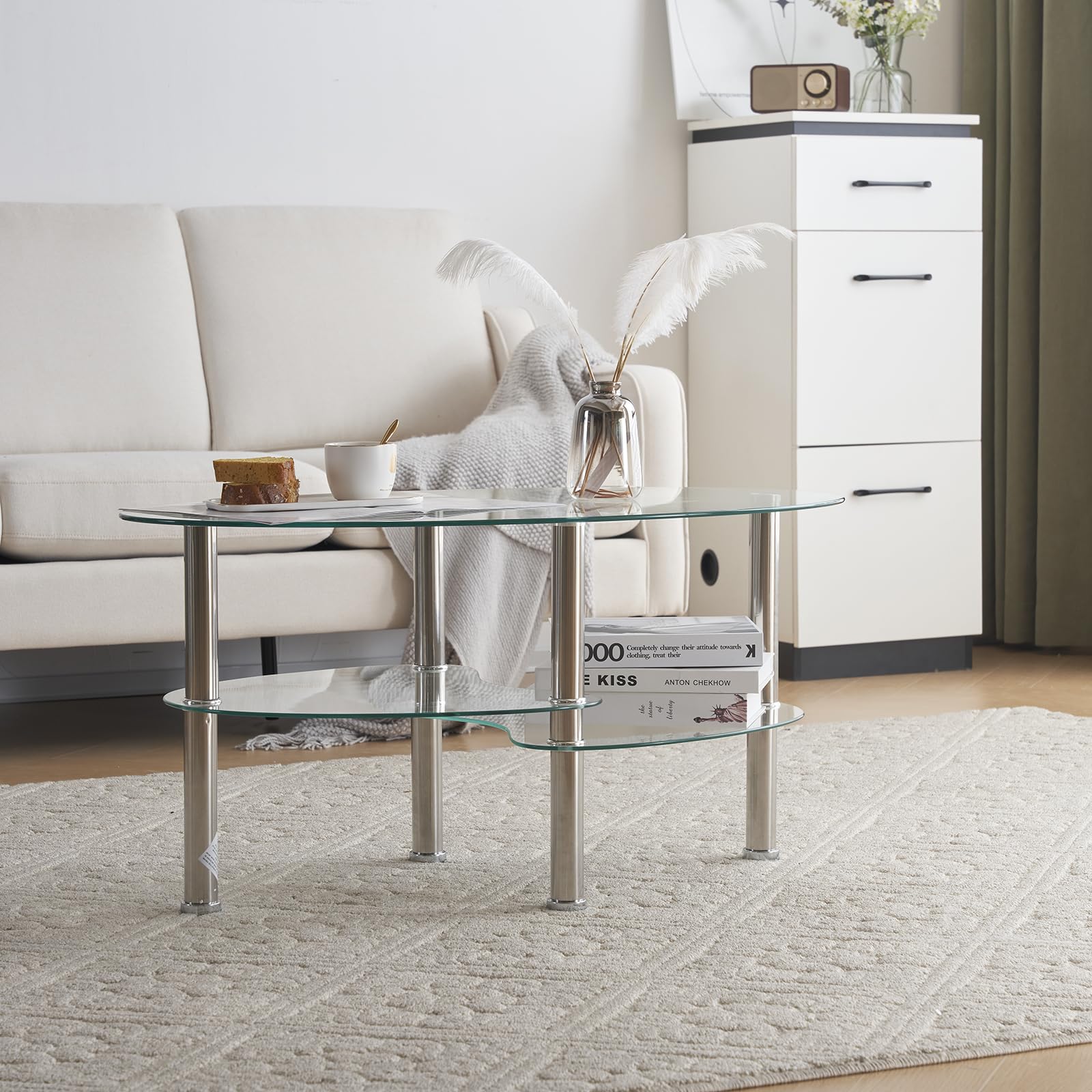 LEADZM Table Basse en Verre Trempé à 3 Couches - Ovale pour Salon, Bureau - 90 x 50 x 45 cm (Transparent)