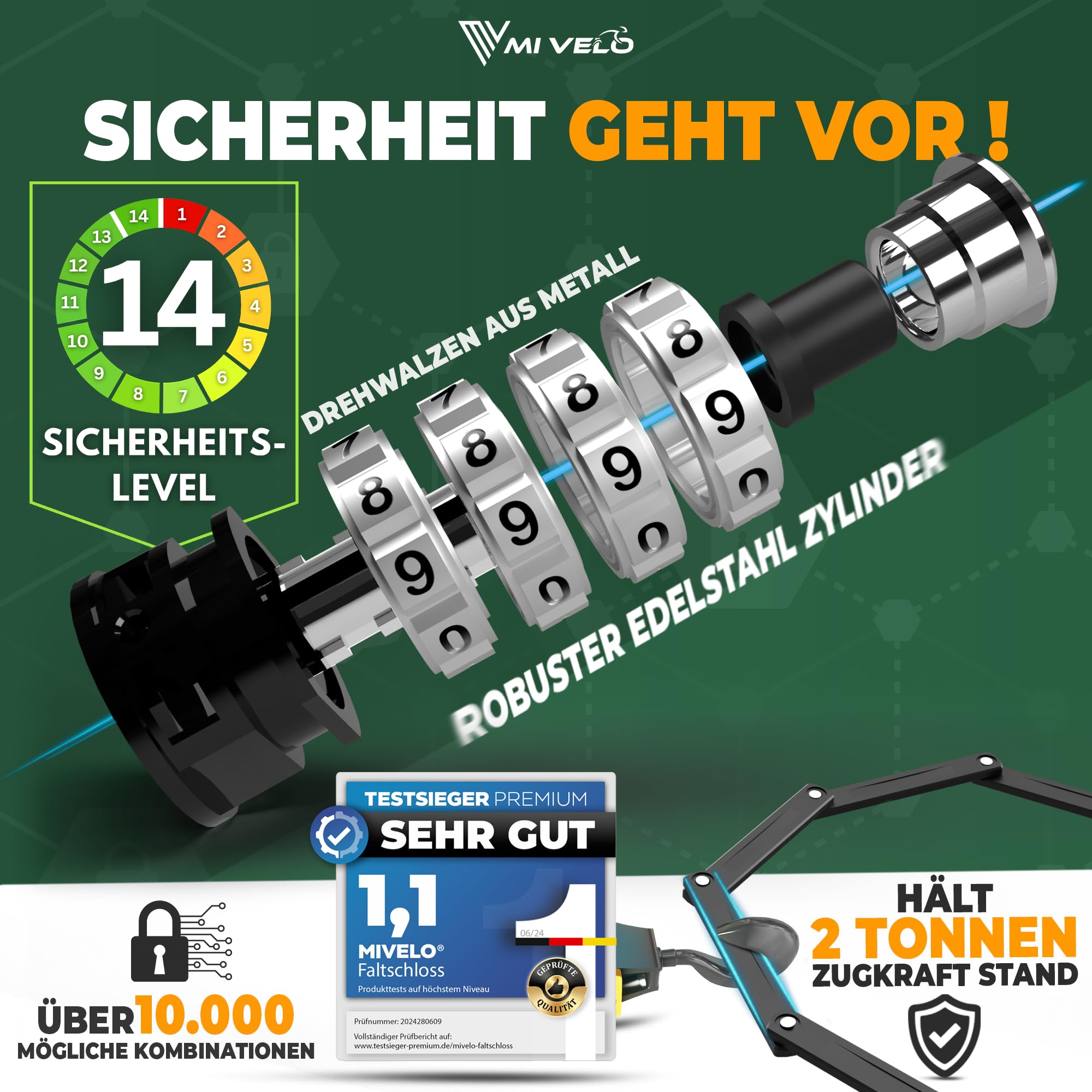 MIVELO Fahrradschloss Faltschloss extra sicher I Faltschloss Zahlenschloss mit 10.000 möglichen Kombinationen inkl. Halterung I Radschloss – Schloss für Fahrrad & E-Scooter 90/120cm (120cm)