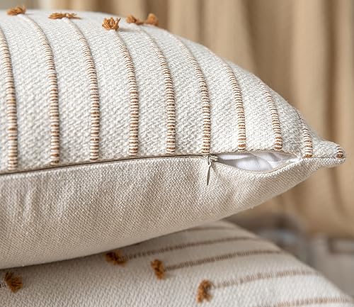 Miniatura 6 de Caflife Juego de 2 fundas de almohada bohemias de 18 x 18 pulgadas, fundas decorativas para cama, fundas de almohada neutras beige con líneas