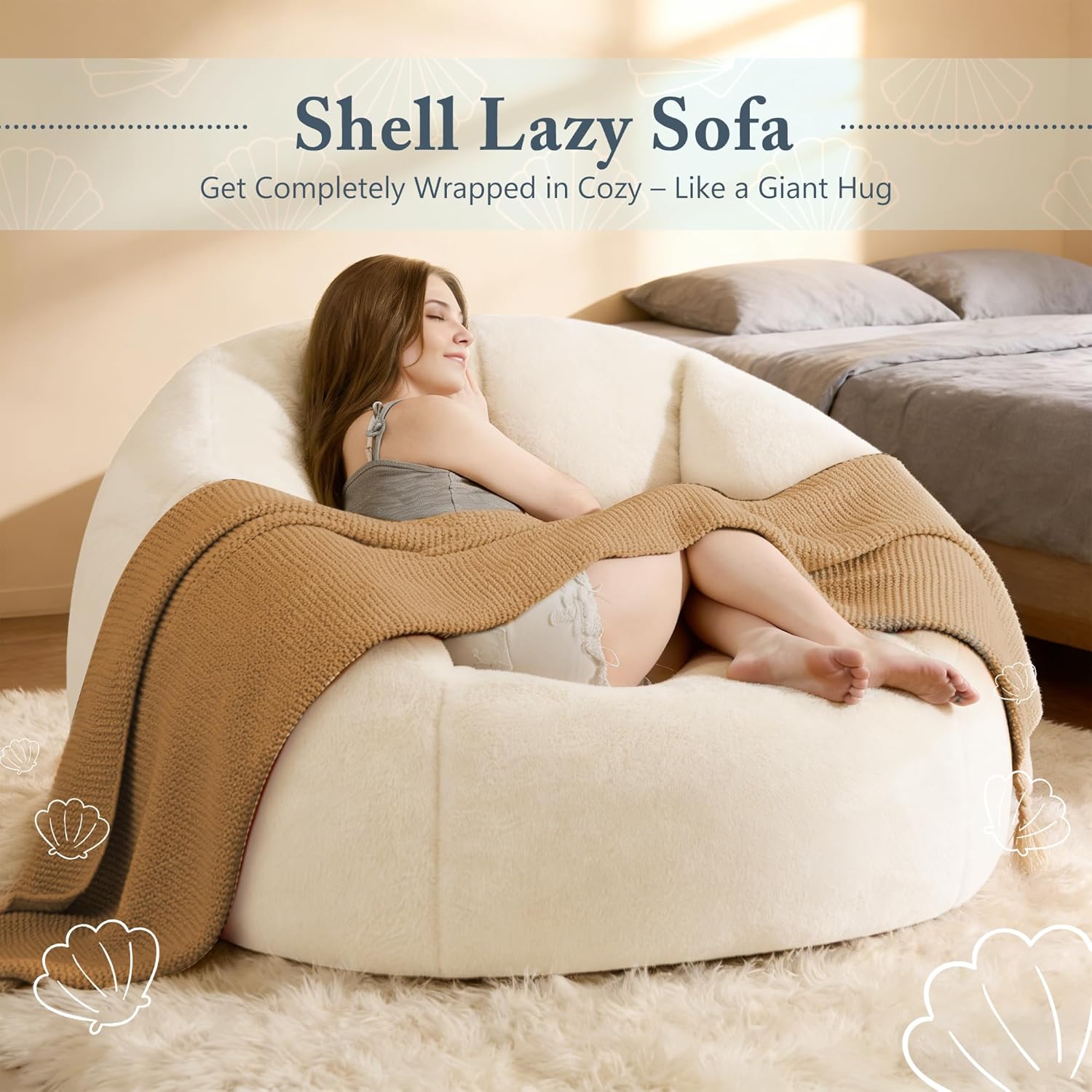 Comfy Giant Bean Bag Chair for Adults and Kids, Oversized Loveseat Bean Bag Sofa Couch, Faux Fur Round Large Accent Chair with Filler, Stuffed Big Reading Lounge Floor Sofa for Gaming, Napping, Beige - Image 4