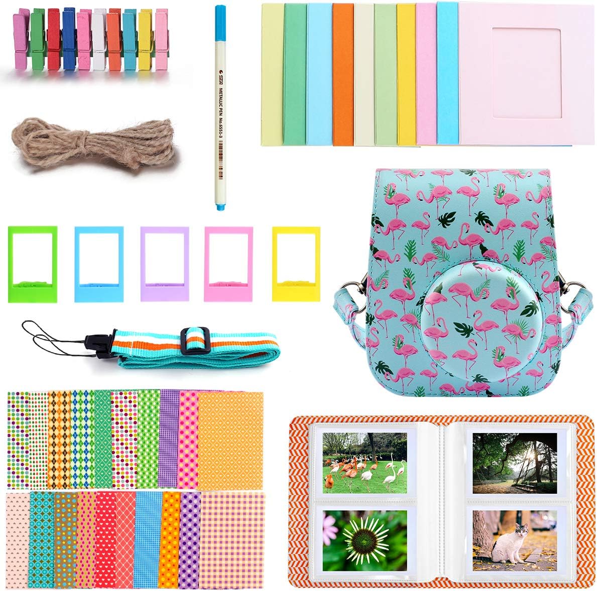 SAIKA Instant Camera Accessories Compatible with Fujifilm for Instax Mini 11, Bundle Set Include Camera Case, Album, Strap, Frames, Stickers, etc - Flamingo