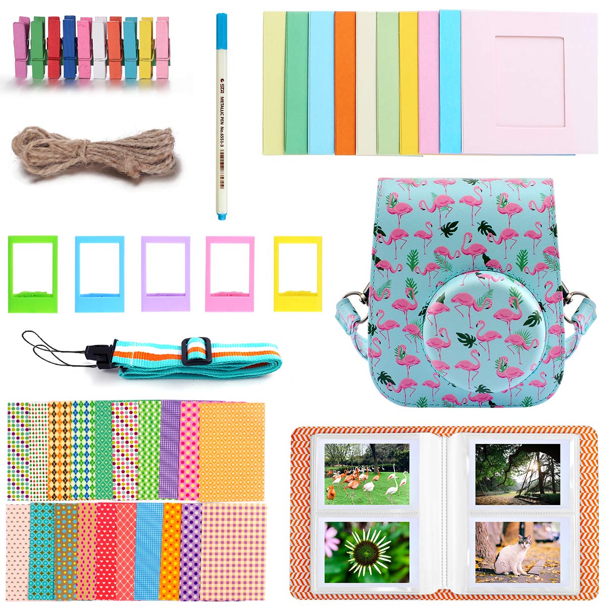 SAIKA Instant Camera Accessories Compatible with Fujifilm for Instax Mini 11, Bundle Set Include Camera Case, Album, Strap, Frames, Stickers, etc - Flamingo