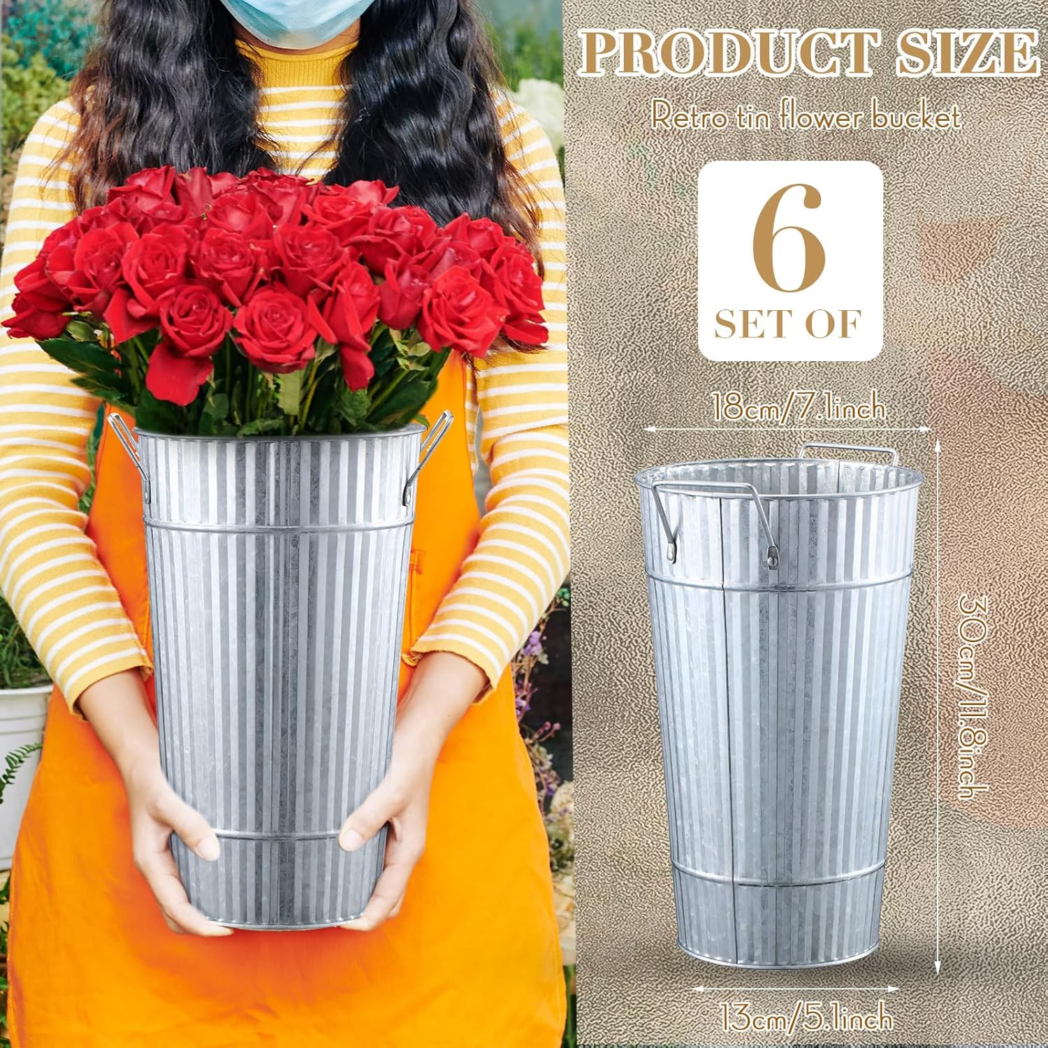 Layhit 6 Pcs 12 Inch Galvanized Flower Buckets Metal Flower Vases with Handle Farmhouse French Bucket Planter Floral Container for Flowers Wedding Bridal Shower Home Table Decor(Retro Steel Color)