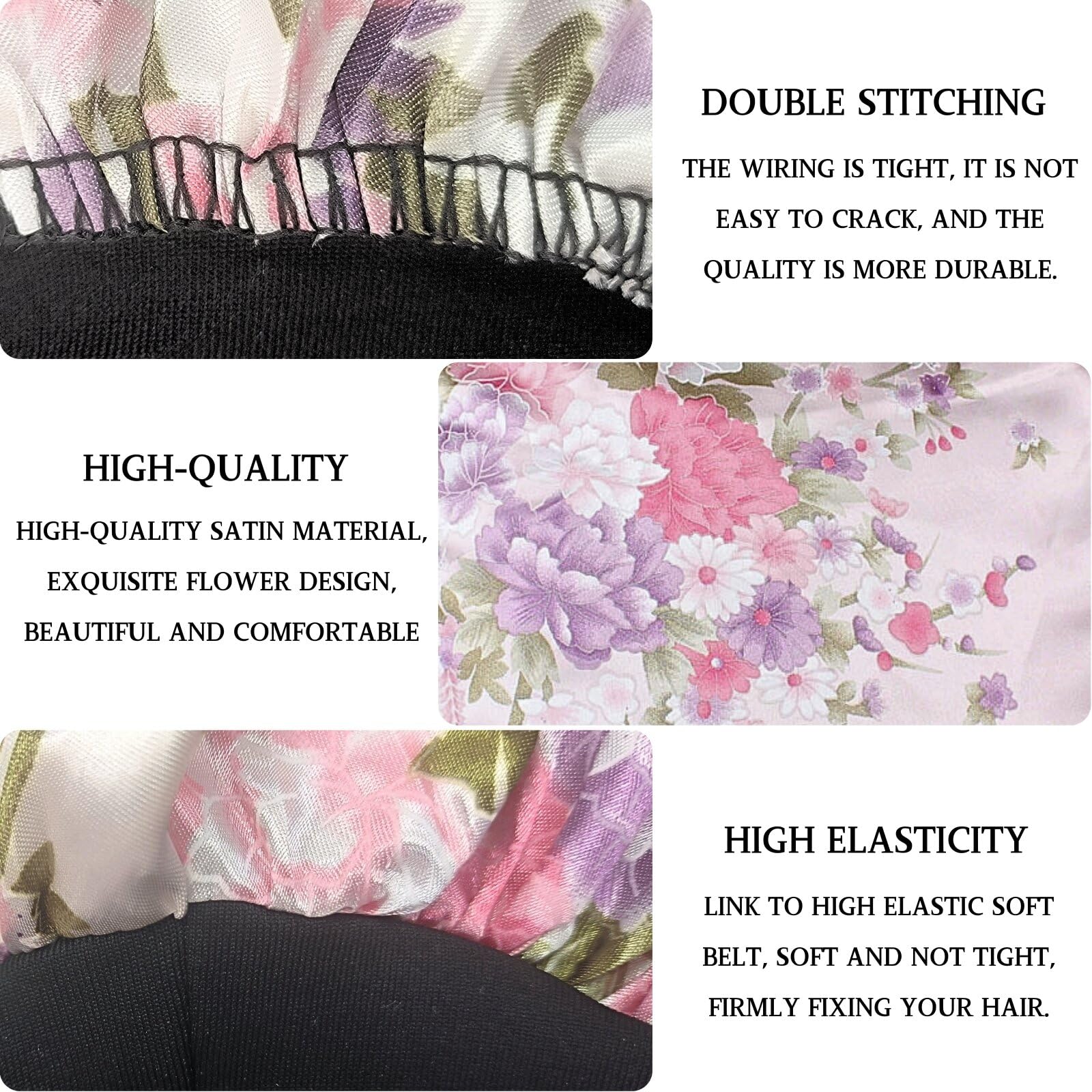 KEYRI 4 Pcs Soft Adjustable Satin Silk Bonnet Hair Wrap for Night Sleeping Hair Care Cap Head Cover Wide Elastic Band Unique Flower Design Curly Hair Protection - Image 3