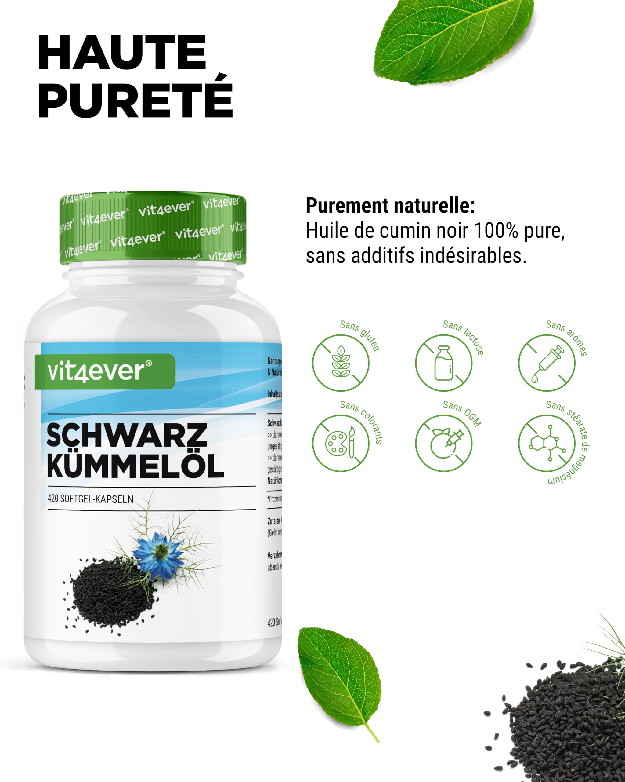 Huile de Cumin Noir - 420 capsules - 1000 mg par Portion Journalière - Egyptienne, Naturelle & Pressée à Froid - Véritable Nigella sativacapsules d'Huile de Cumin Noir à Haute Dose.