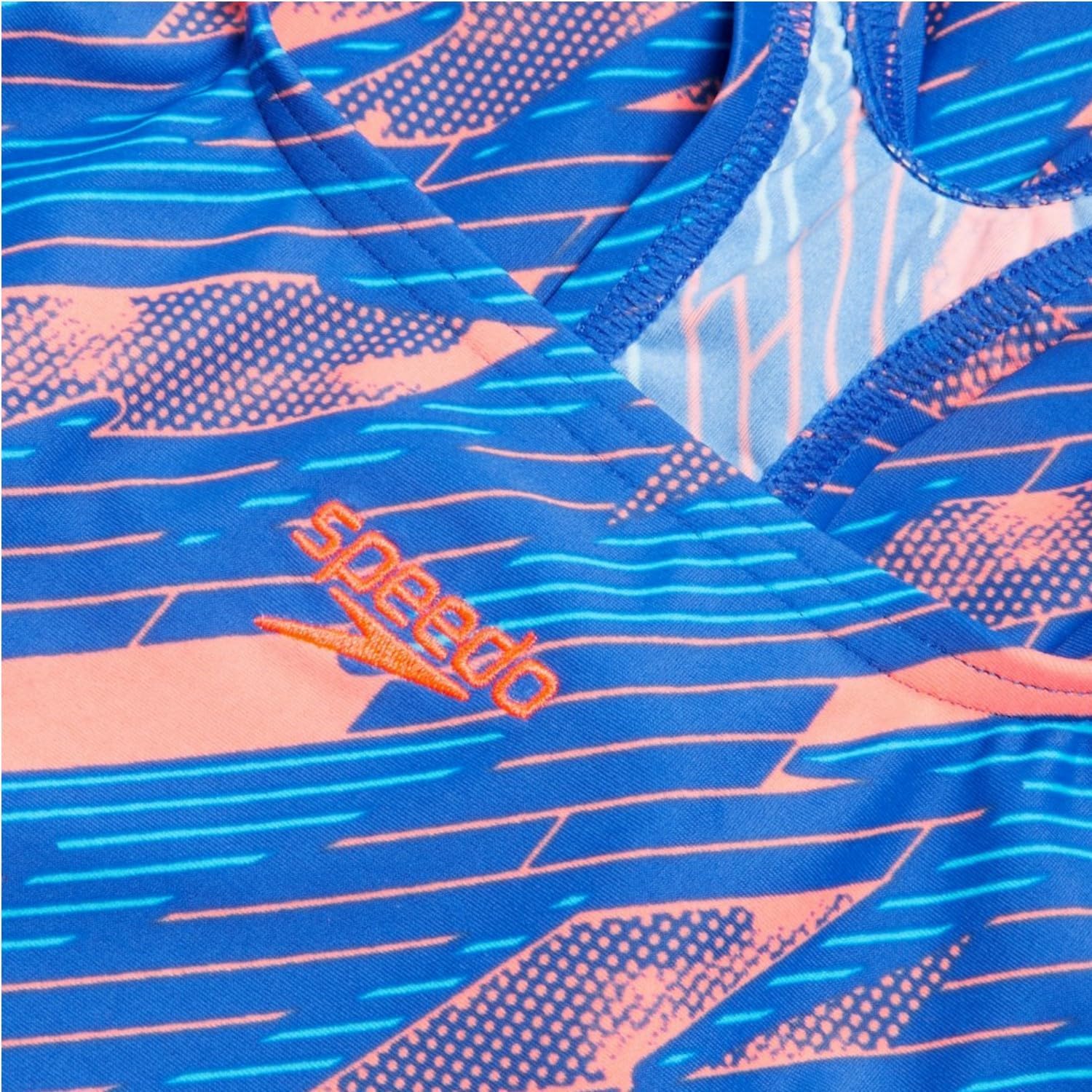 Speedo Hyperboom Allover Medalist Badeanzug Chlorbeständig Schnelltrocknend für Mädchen, Sirenenrot/Echtes Kobaltblau/Picton-Blau, 7-8 Jahre