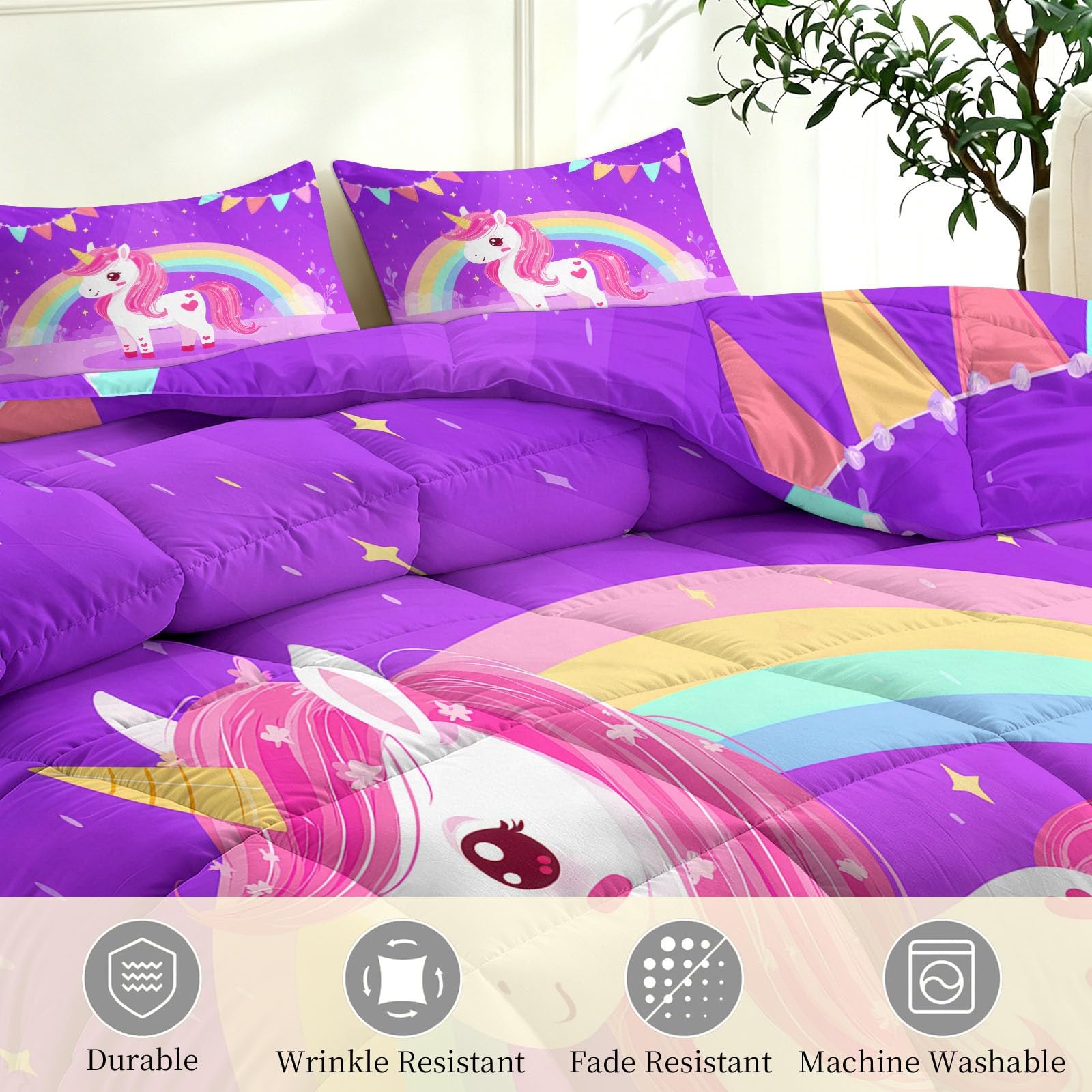 Poszewka na kołdrę pojedynczą 7,5 tog z 2 poszewkami na poduszki – 135 x 200 cm całoroczna kołdra dwustronna, kreskówkowe zwierzę, jednorożec, tęcza, lekka i przytulna, antyalergiczna, można prać w