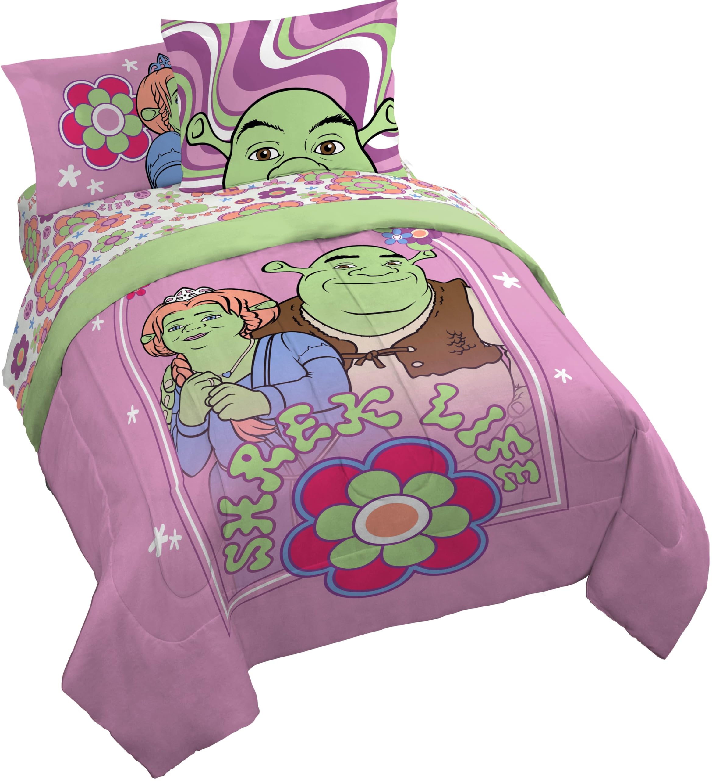 Jay Franco Shrek Queen Size Comforter Set - 7 Piece Floral Bedding Includes Sheet Set & Pillow Covers - Super Soft Cartoon Bedding with Fiona