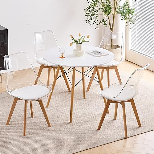 Miniatura 3 de Juego de 4 sillas de comedor transparentes, sillas de cocina modernas con cojines de piel sintética y patas de madera, silla de cena acrílica para