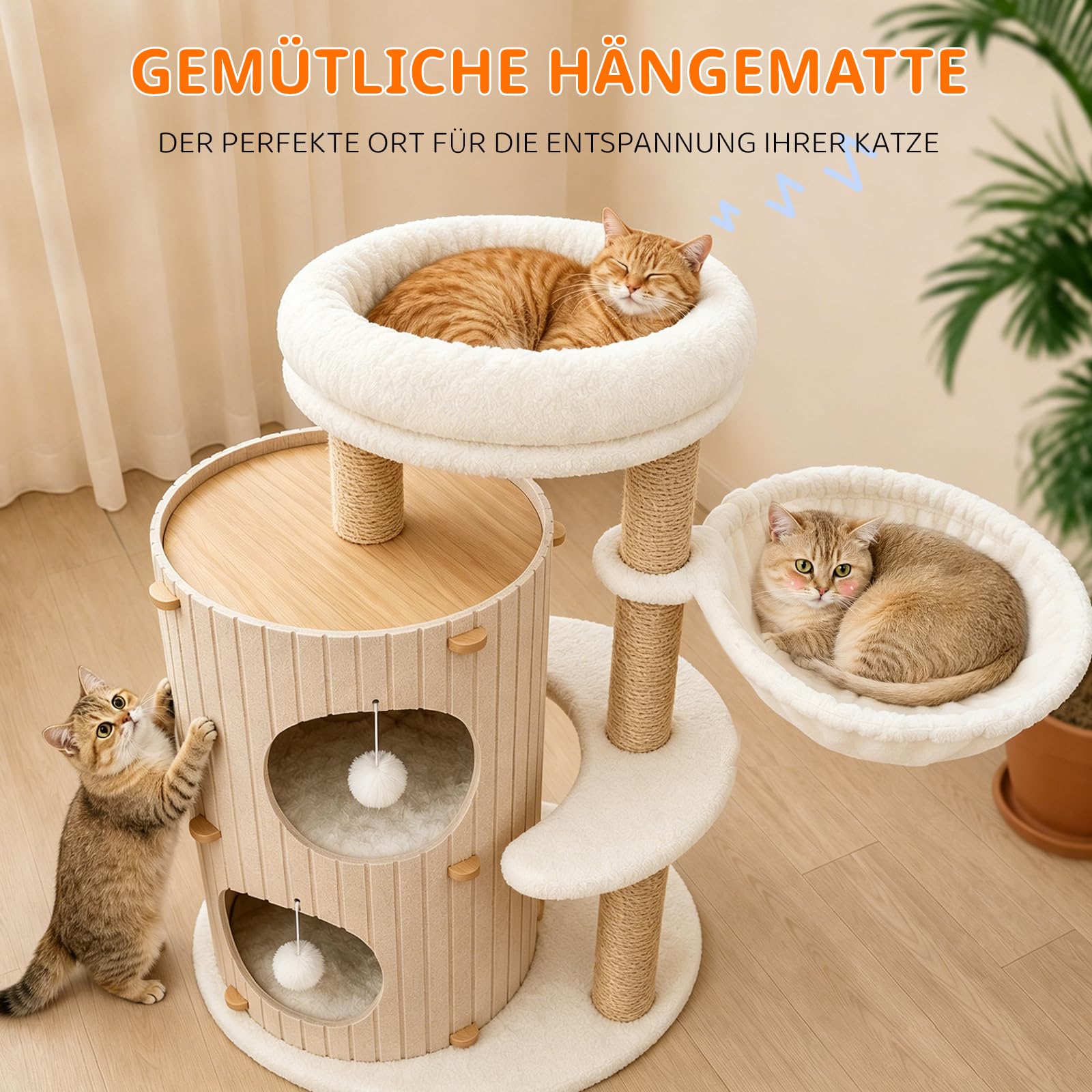Premium kratzbaum mit 2er Kratztonne, Katzenbaum＆Große Plattformen | Sisalstämme, Kratzrampe, Katzenhaus, Plüschbälle und Katzenbürste für große Katzen