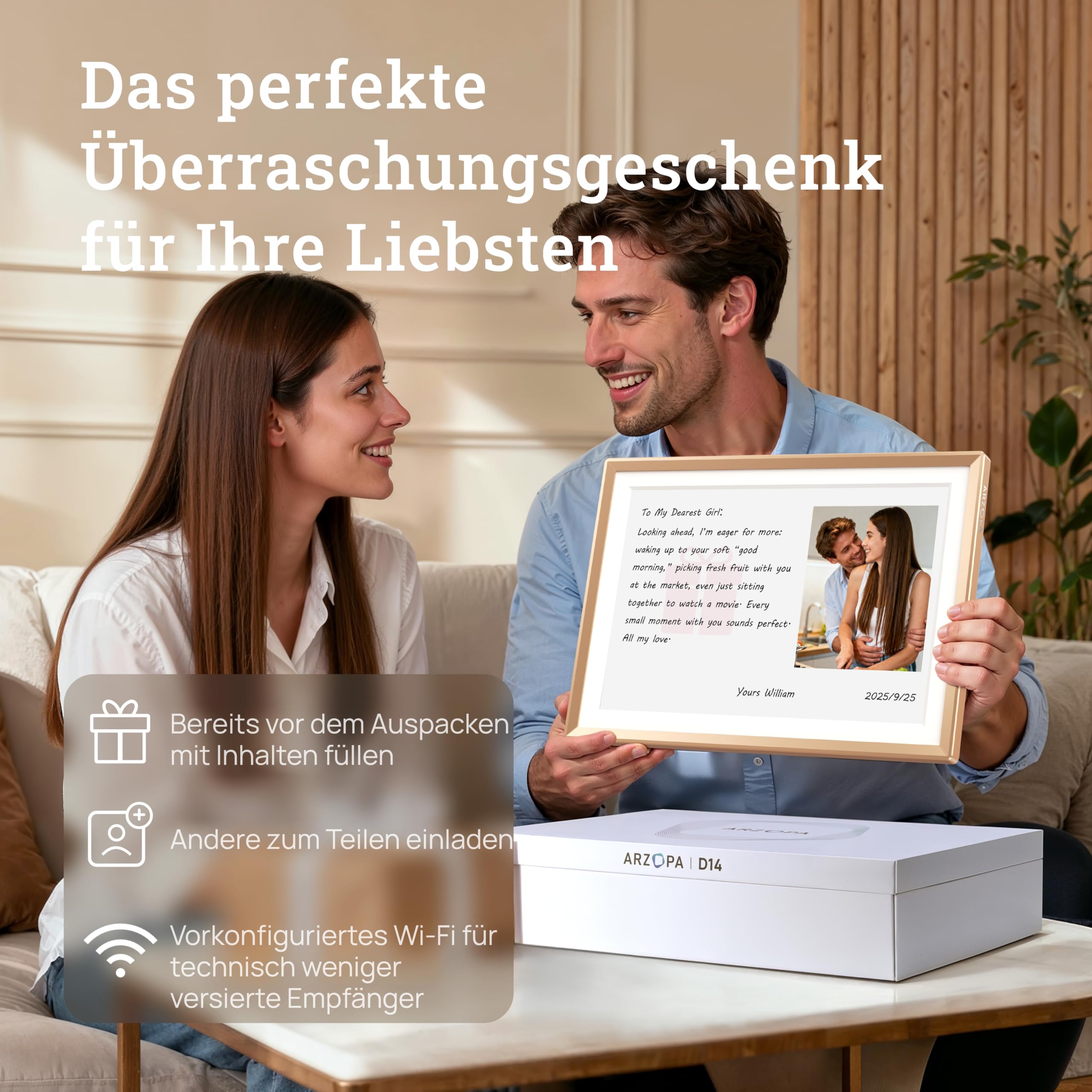 ARZOPA 14 Zoll Metall Digitaler Bilderrahmen Kostenloser Cloud Storage Unbegrenzt Fotos & Videos über App Teilen 1920 * 1200 FHD Touchscreen Elektronischer Bilderrahmen Geschenk für die Familie - D14