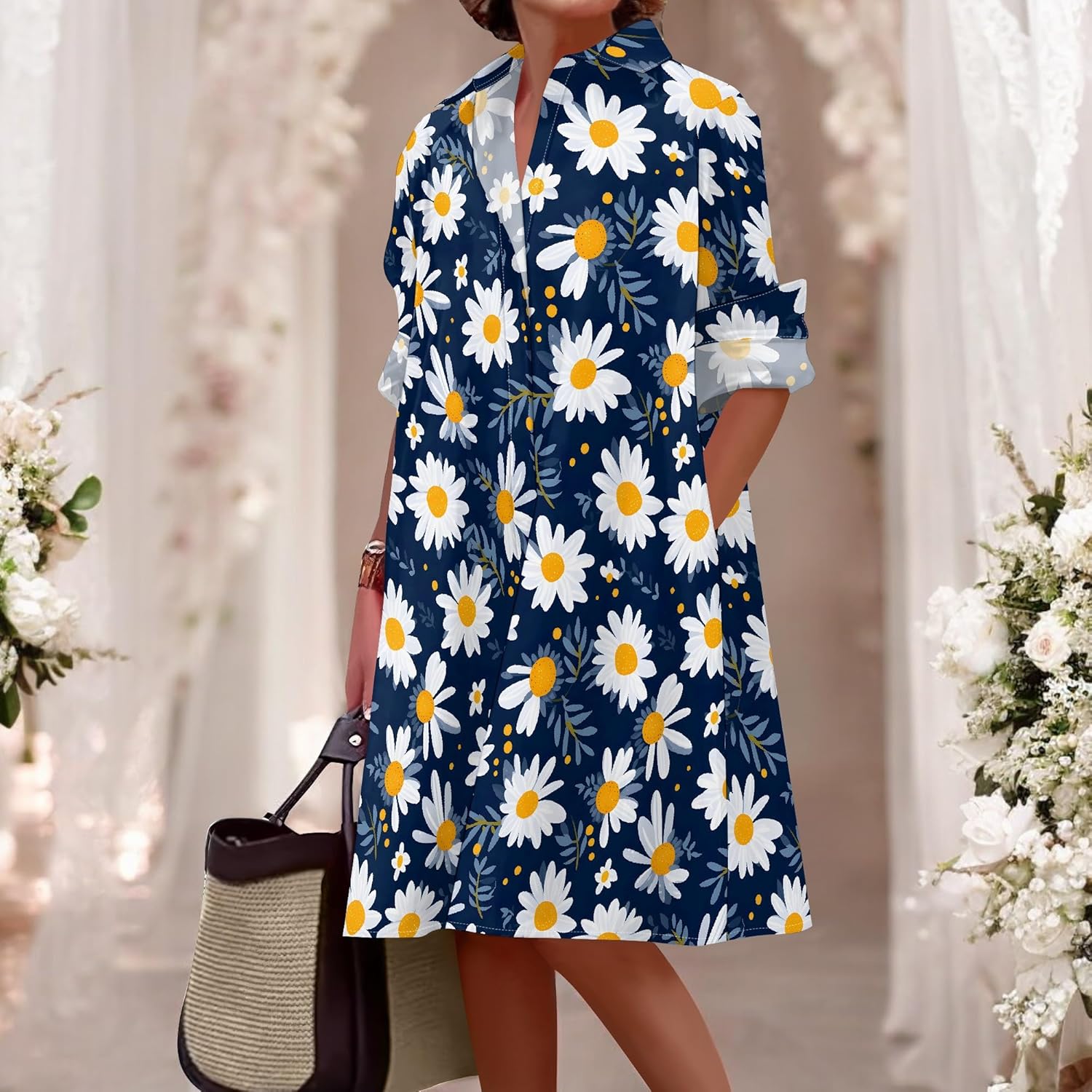 Shirt Dresses for Women 2025 Summer Long Sleeve Casual Plus Size Floral Printed Beach Vacation Dress with Pockets - Image 3