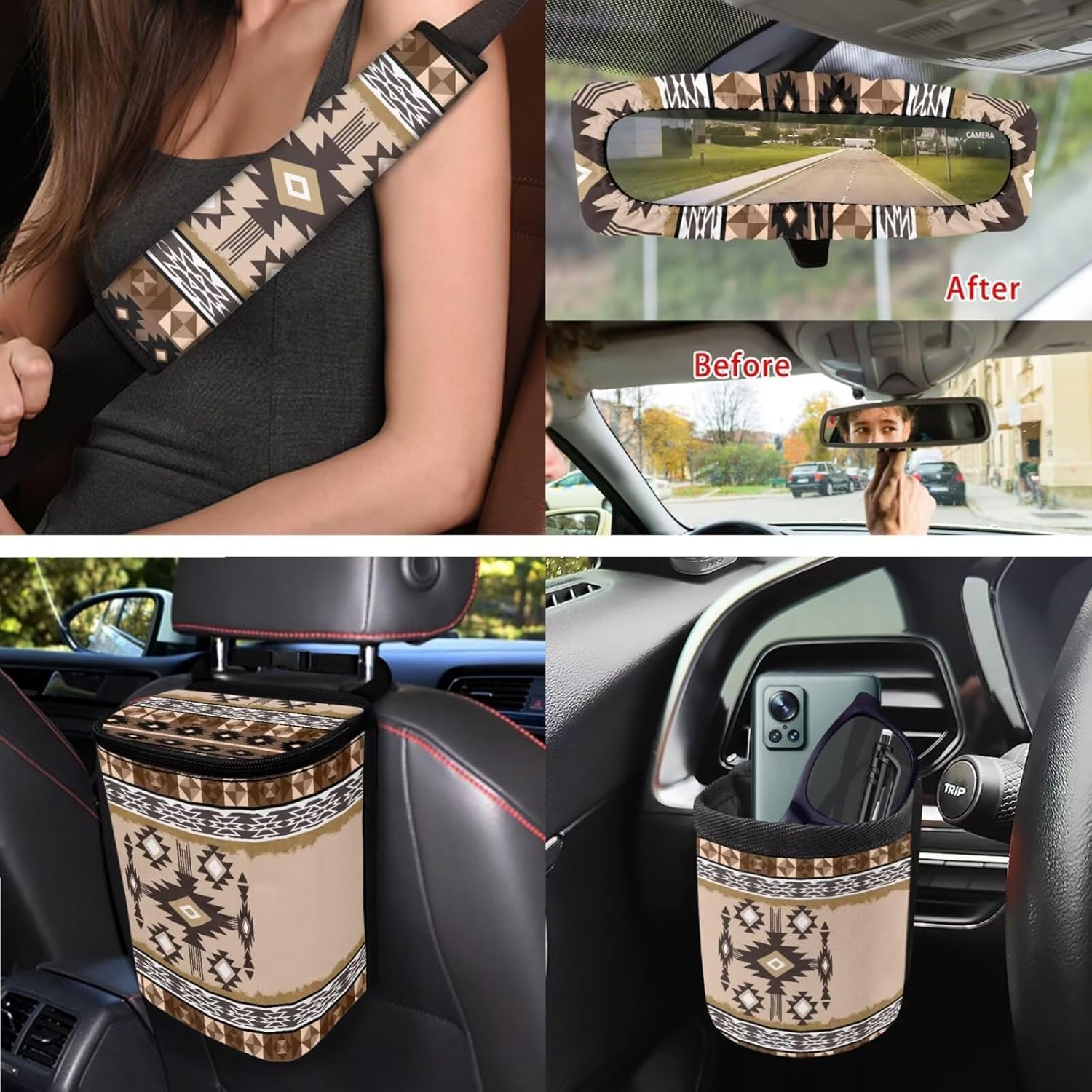 XYZCANDO Aztec Tribe Car Interior Sets 15 PCS Car Seat Cover Set Steering Wheel Cover Storage Box Garbage Bag Seat Belt Pads Cover Car Rear View Mirror Cover Coasters Keychain for Sedans Van SUV