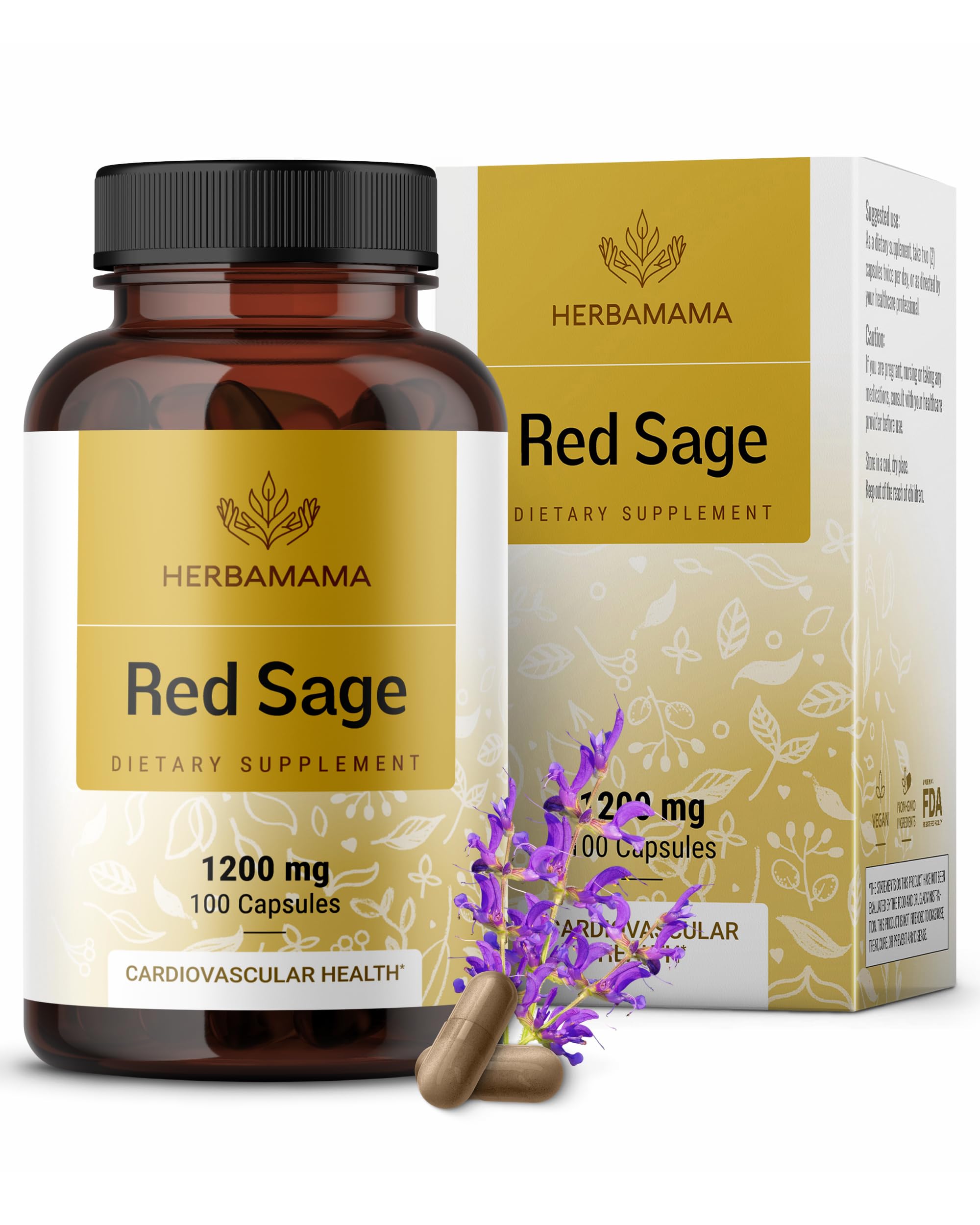 HERBAMAMA Red Sage Supplement Capsules - 1200mg Red Sage Root (Dan Shen) for Antioxidant Support - Vegan, Non-GMO Salvia Miltiorrhiza Supplement