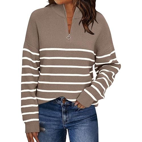 LILLUSORY Women's Quarter Zip Striped Oversized Sweater Mock Turtleneck Pullover Fall Fashion Outfit Winter Trendy Clothes