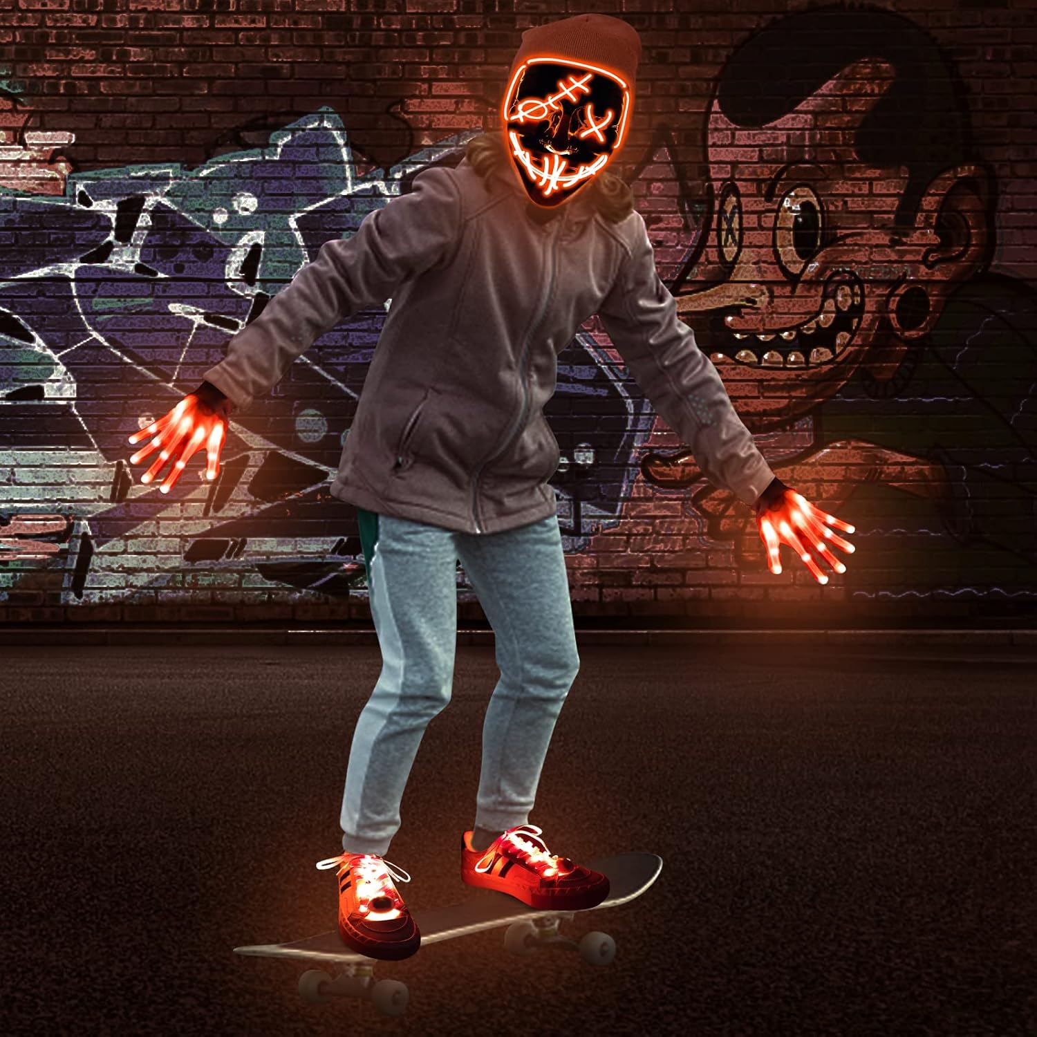 Camlinbo 3 Set Halloween LED Mask Light Up Gloves and Glow Shoelaces Scary Mask Halloween Costume Cosplay Party for Adults