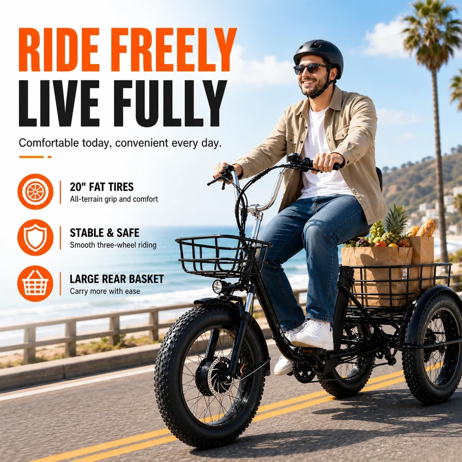 Triciclo Elettrico Pieghevole da 20" con Batteria Rimovibile da 48 V 13 Ah, Bici Elettrica Pieghevole a 7 velocità per Adulti, Autonomia 45 Km, Display LCD, per Shopping/Anziani