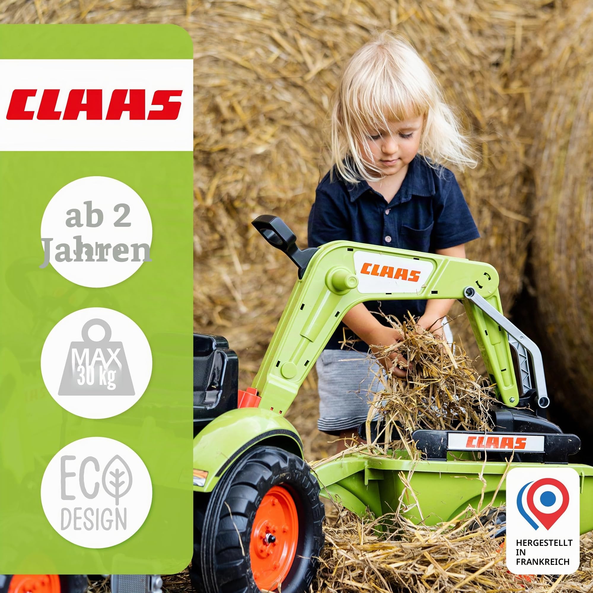 Falk Claas Kinder-Baggerlader mit beweglichem Baggerarm & Anhänger I Pedaltraktor Arion 410 Replik I mit Hupe I ab 2 Jahren I Outdoor Spielzeug für Jungen & Mädchen