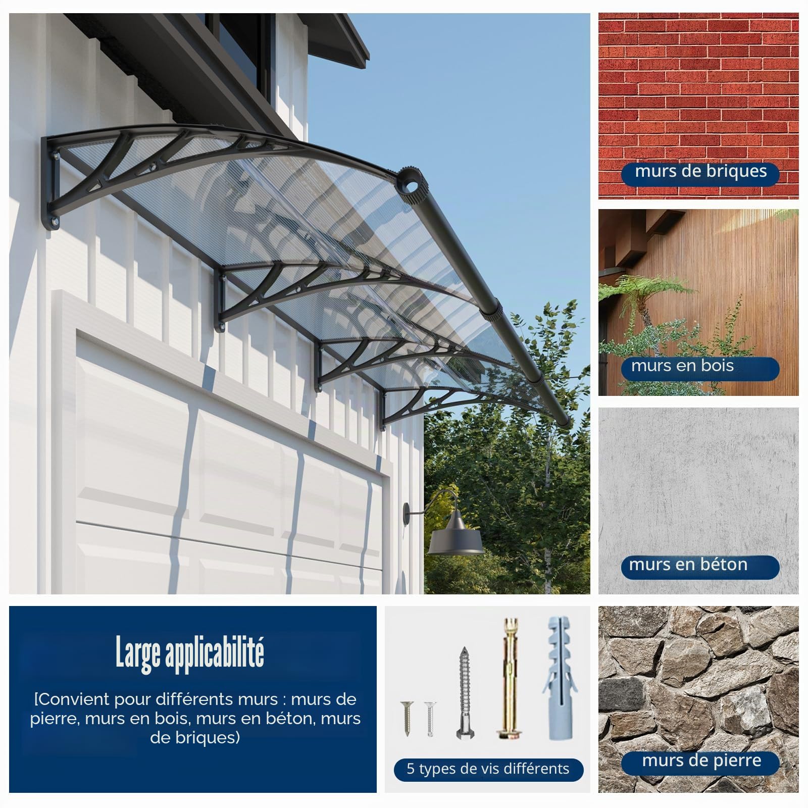 Marquise de Porte Extérieure 300x100cm Auvent avec Drainage pour Terrasse | Anti-UV pluie vent neige, Polycarbonate 5mm, Résiste aux chocs, Support ABS anti-rouille, pour Fenêtre, Balcon, Terrasse