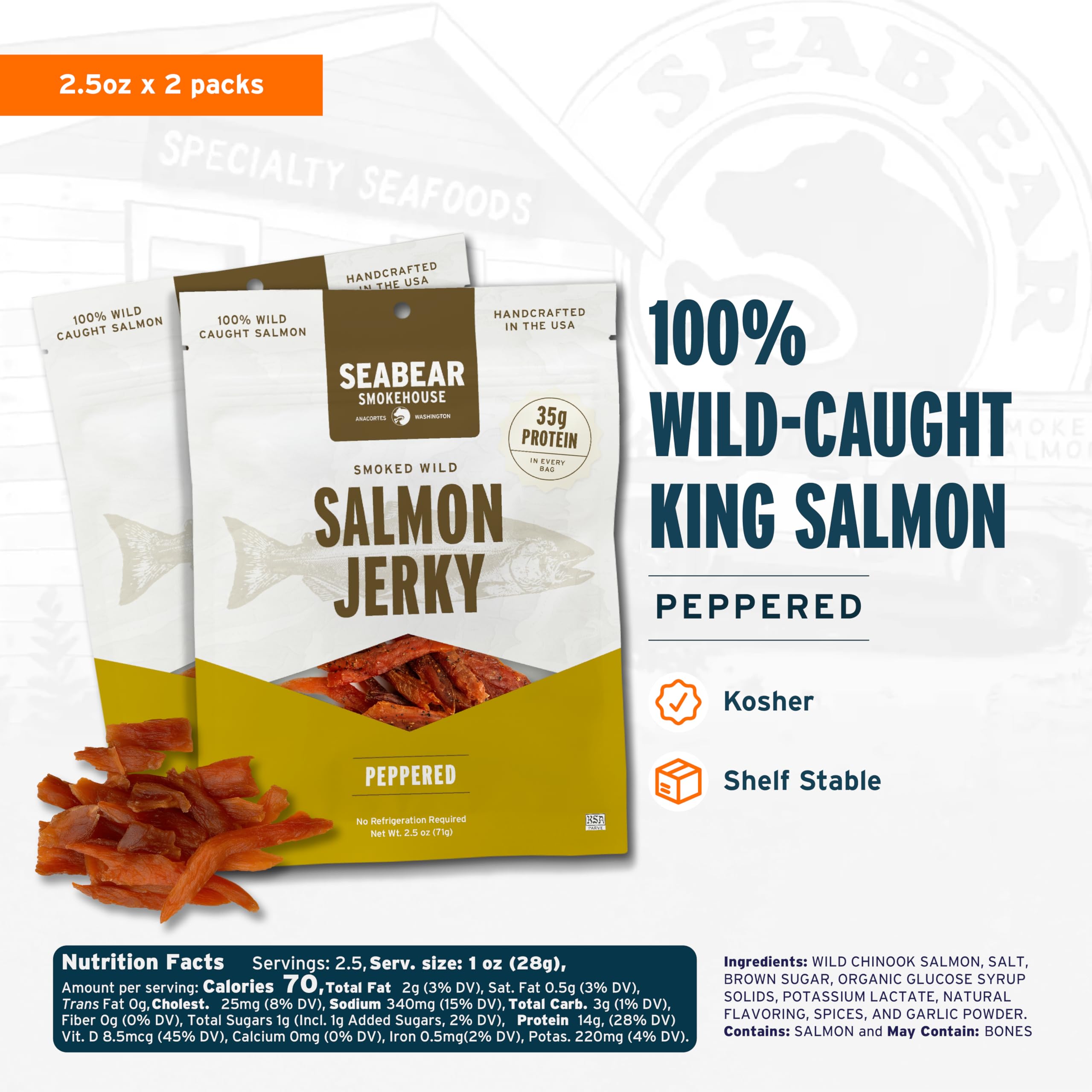 SeaBear Peppered Wild King Salmon Jerky 2-Pack - 2.5 oz Bags thumbnail 2